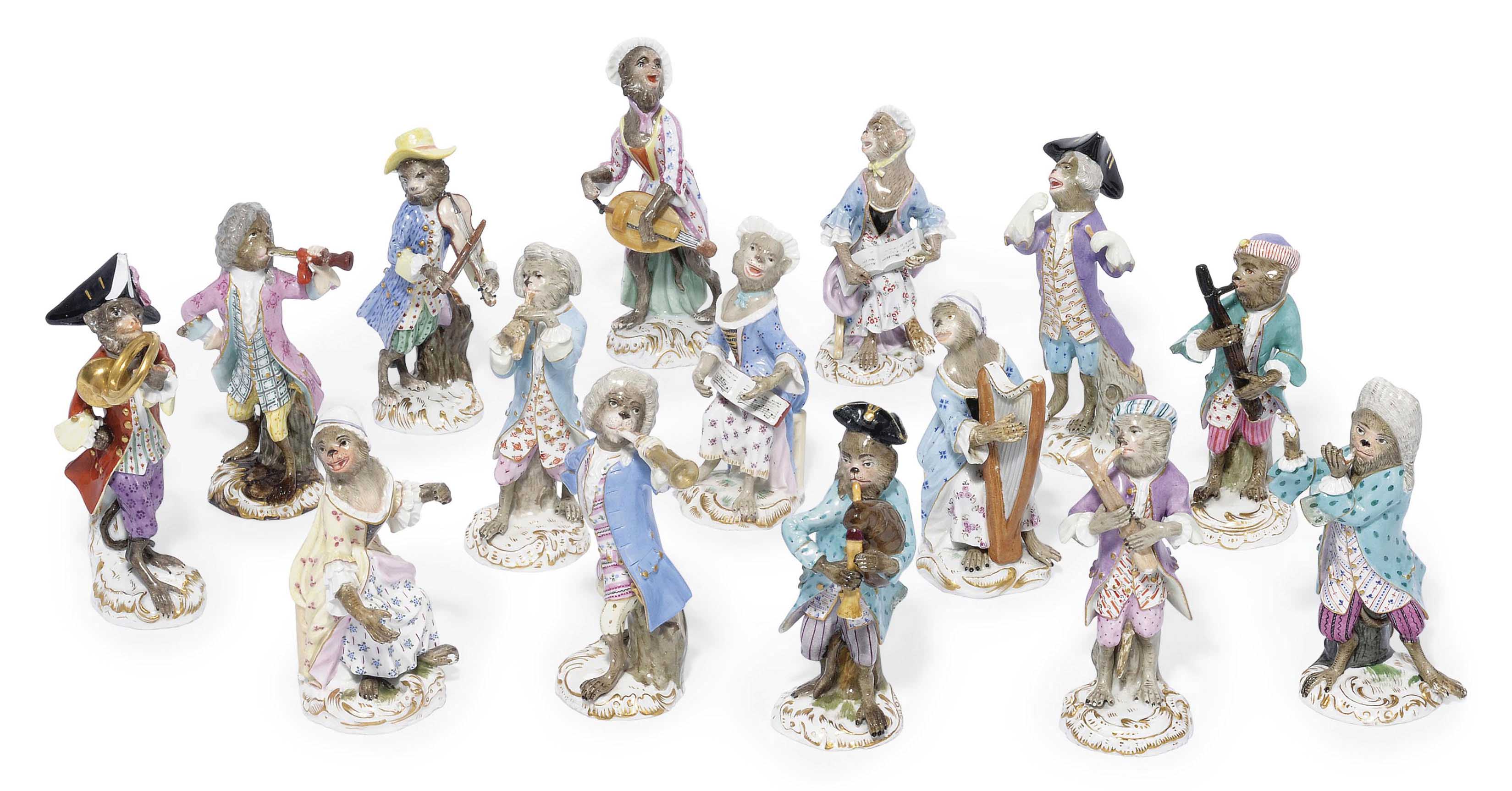 FIFTEEN MEISSEN MONKEYBAND FIGURES , 19TH CENTURY, BLUE CROSSED SWORDS