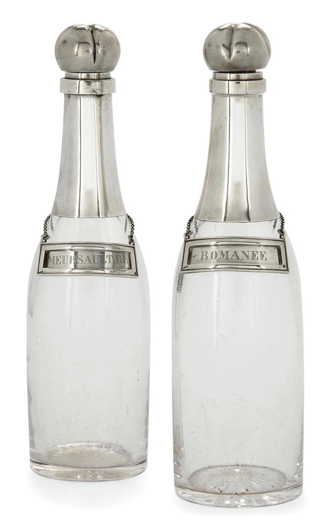A PAIR OF VICTORIAN NOVELTY SILVERMOUNTED GLASS DECANTERS IN THE FORM