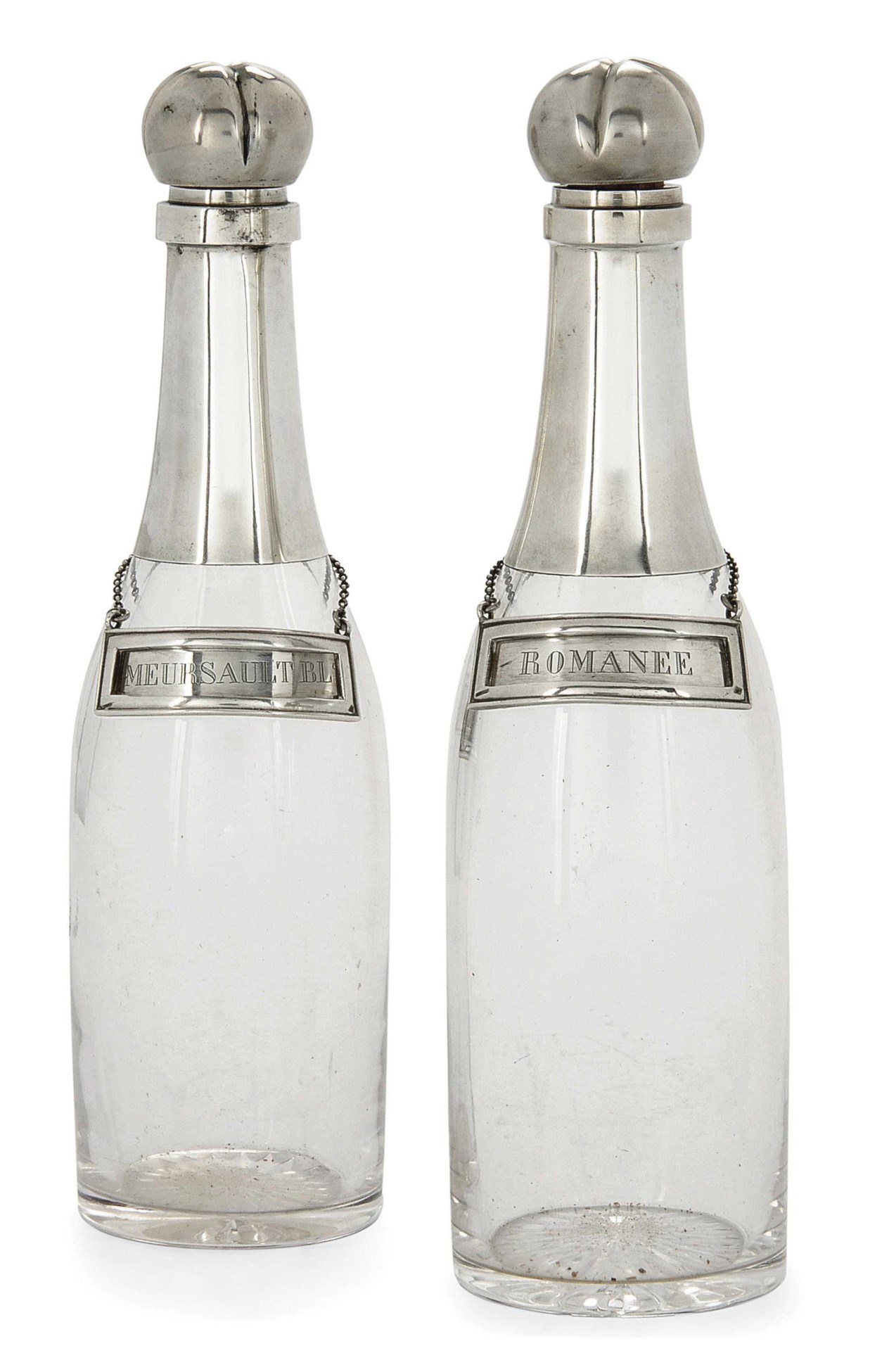 A PAIR OF VICTORIAN NOVELTY SILVER-MOUNTED GLASS DECANTERS IN THE FORM OF CHAMPAGNE BOTTLES