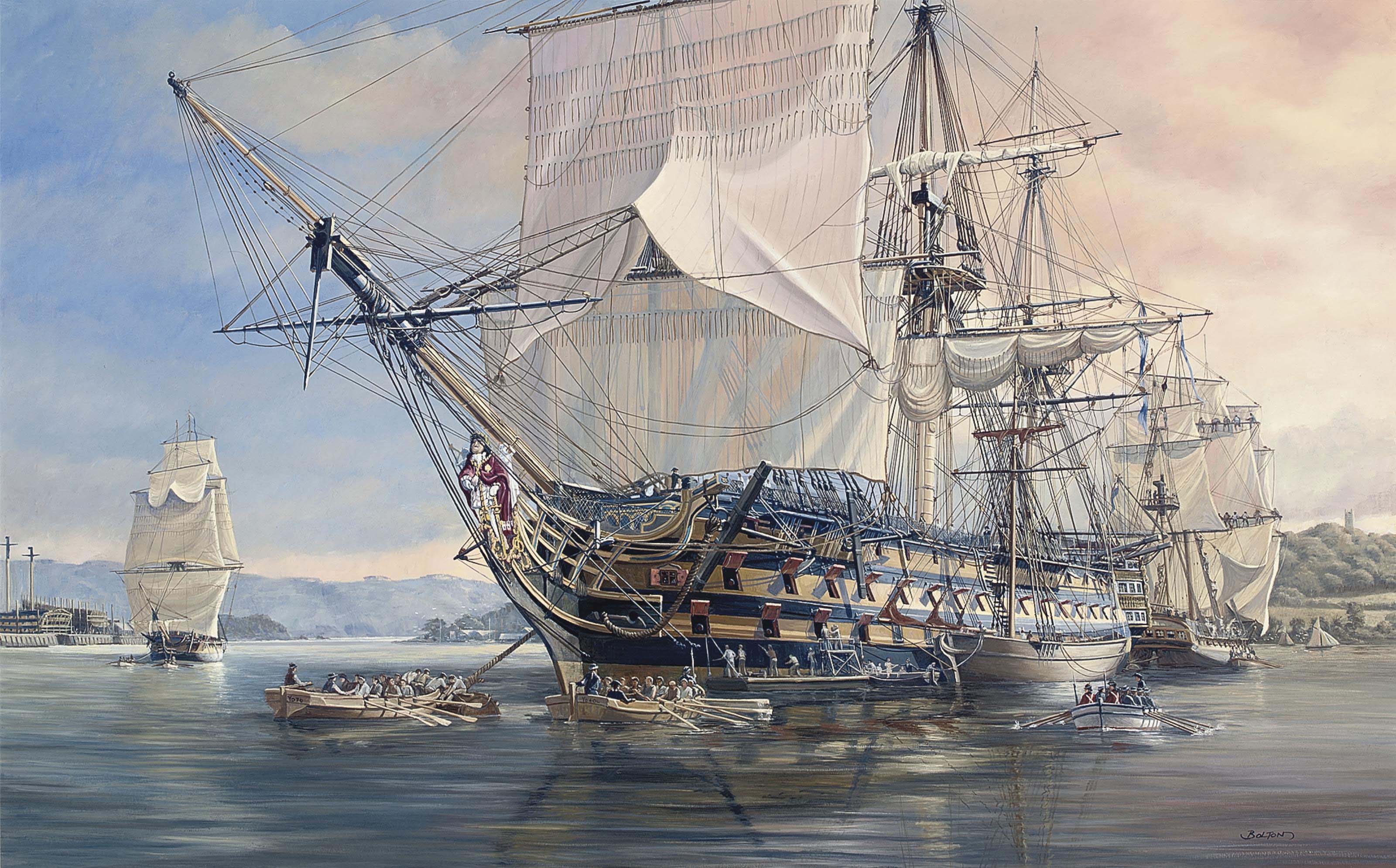 Stuart Bolton, 20th/21st Century , H.M.S. Royal Sovereign emerging from her refit and lying in