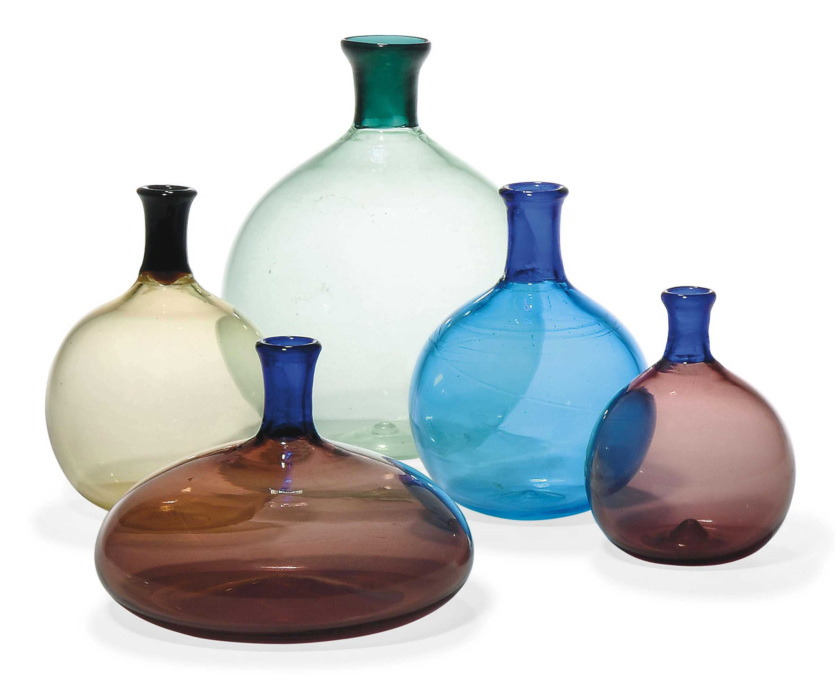 A GROUP OF FIVE VENINI MULTICOLOURED GLASS BOTTLE VASES , CIRCA 1970