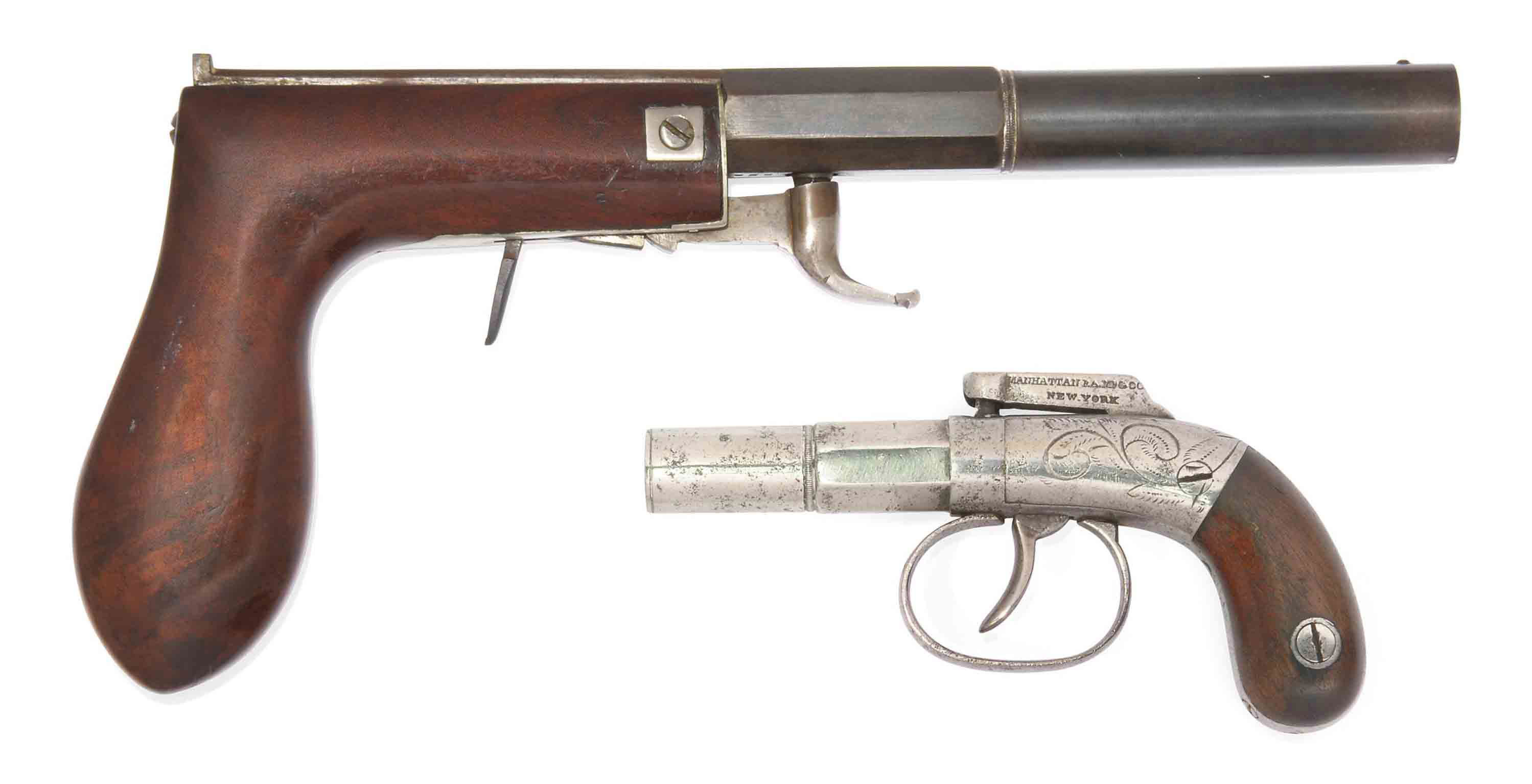 AN AMERICAN .30 UNDERHAMMER PERCUSSION PISTOL AND A .31 BARHAMMER