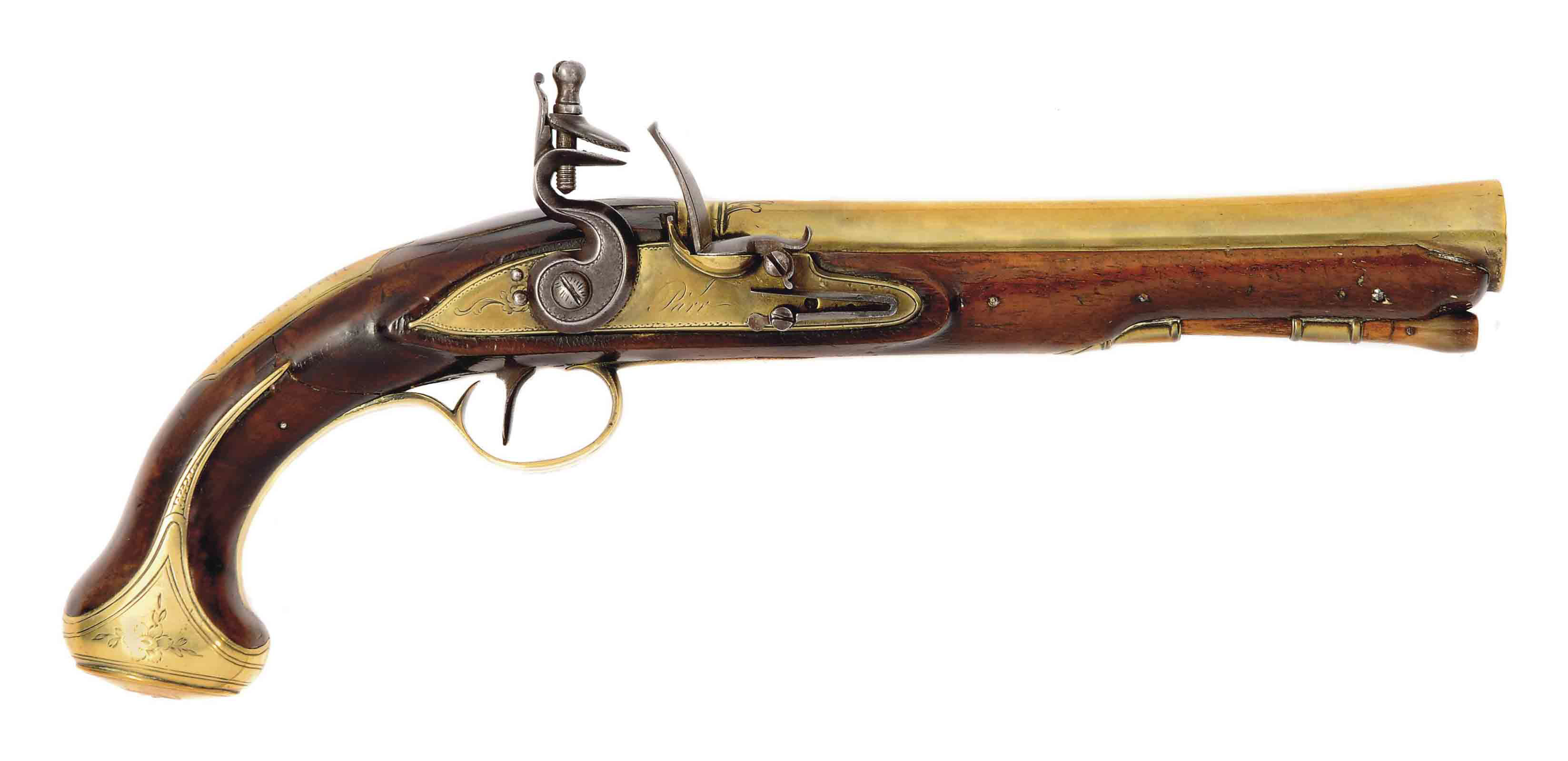 A BRASS FLINTLOCK BLUNDERBUSS PISTOL , SIGNED J. PARR, CIRCA 1775 ...