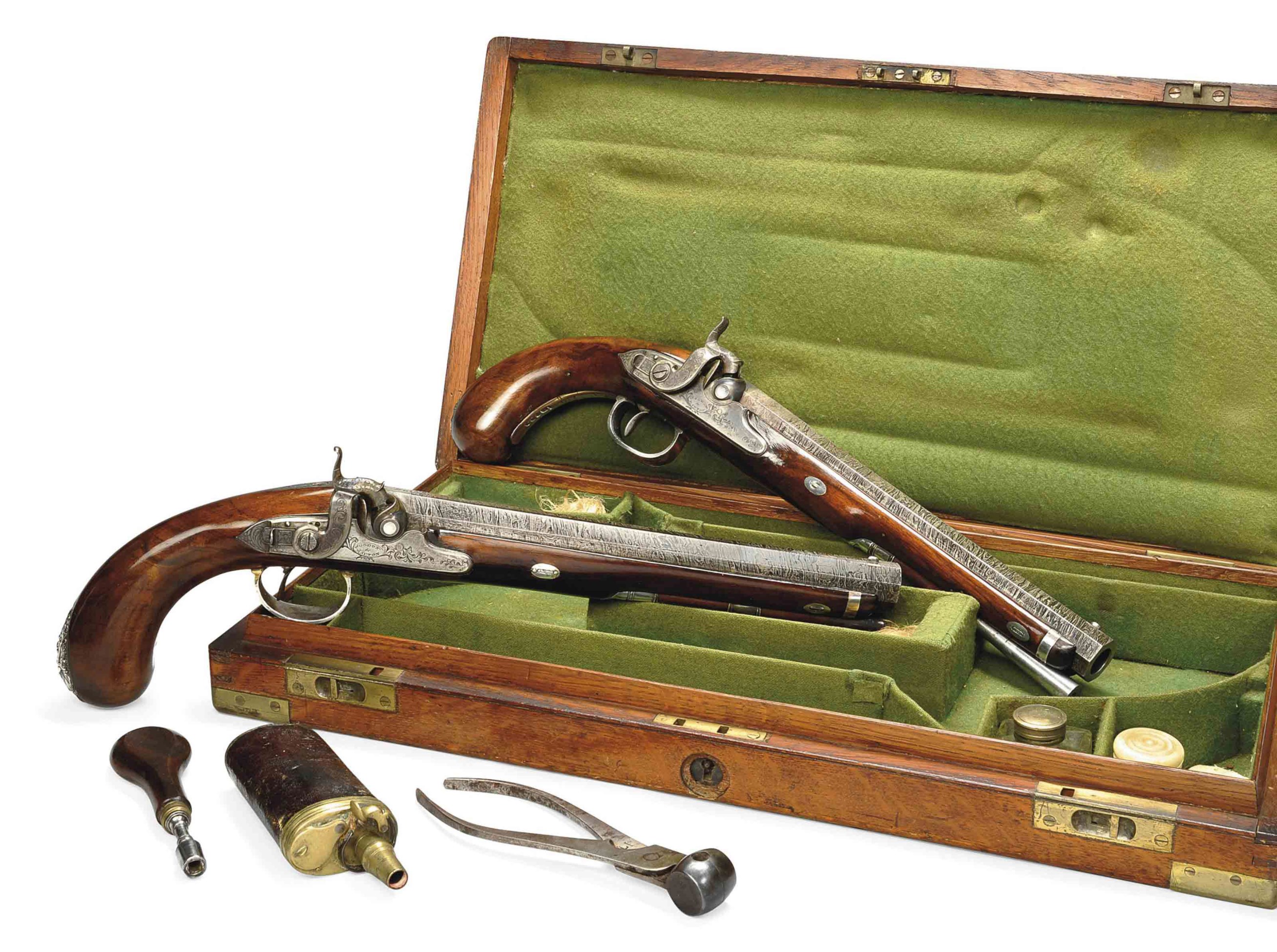 A CASED PAIR OF 28-BORE SILVER-MOUNTED PERCUSSION DUELLING PISTOLS, BY ...