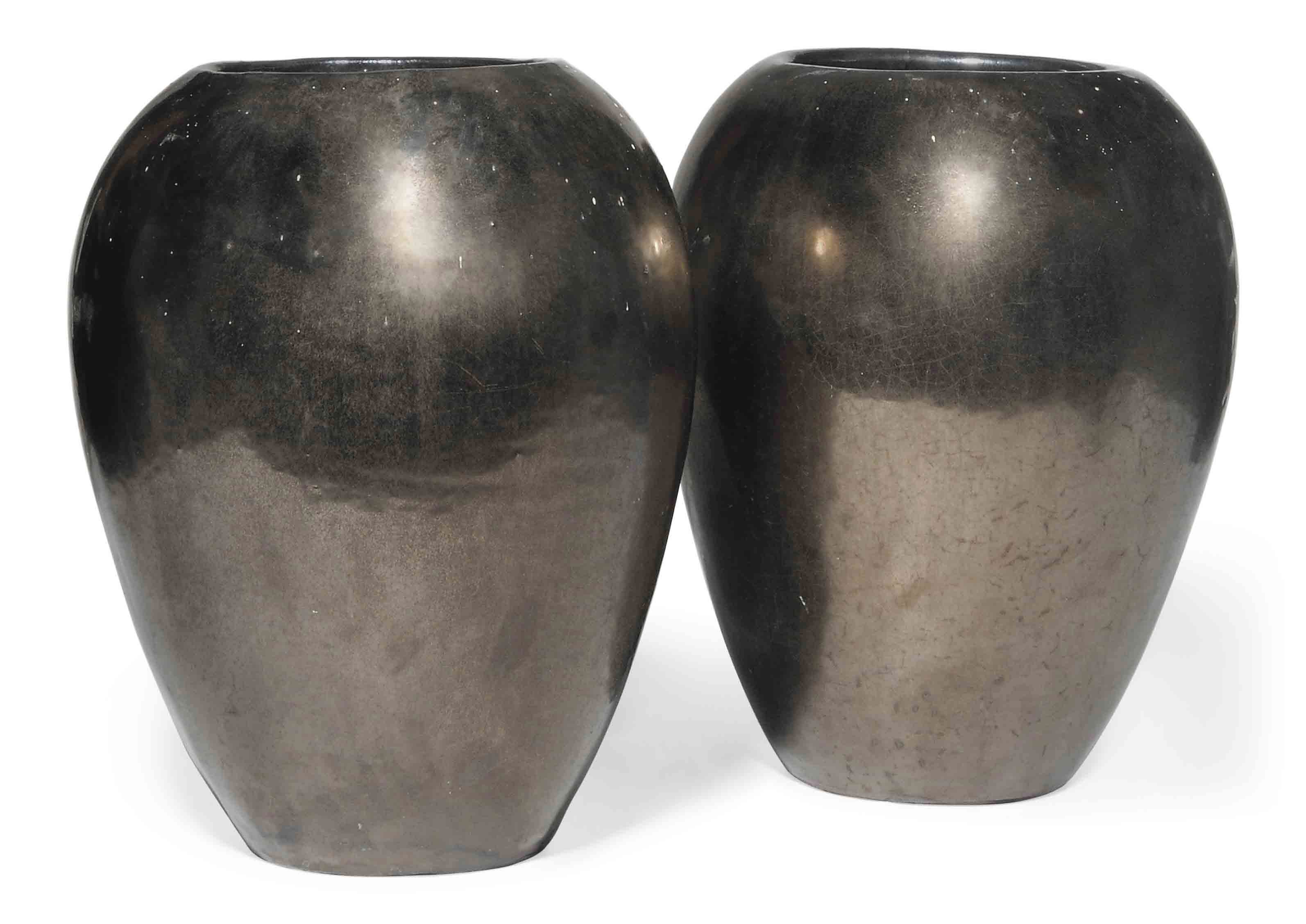 A PAIR OF SILVERGLAZED POTTERY VASES , SECOND HALF 20TH