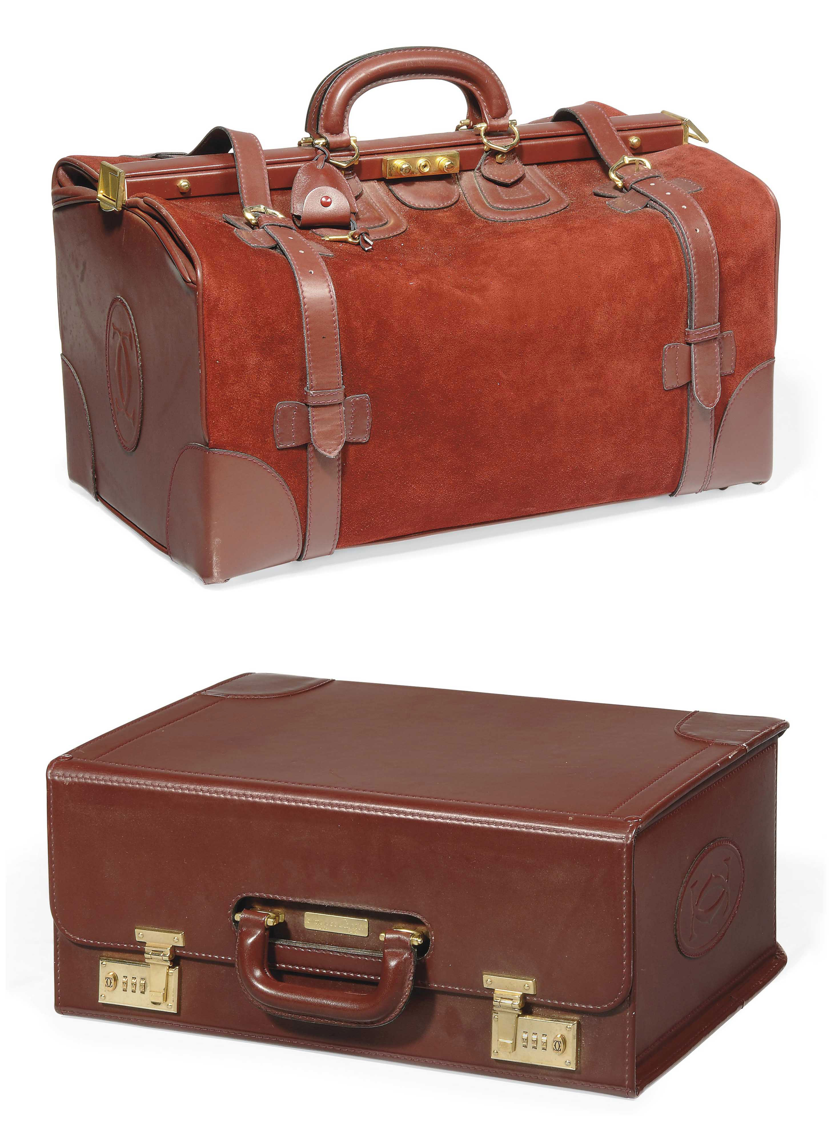 A LEATHER AND SUEDE WEEKEND BAG AND A HARDSIDED BRIEFCASE , CARTIER