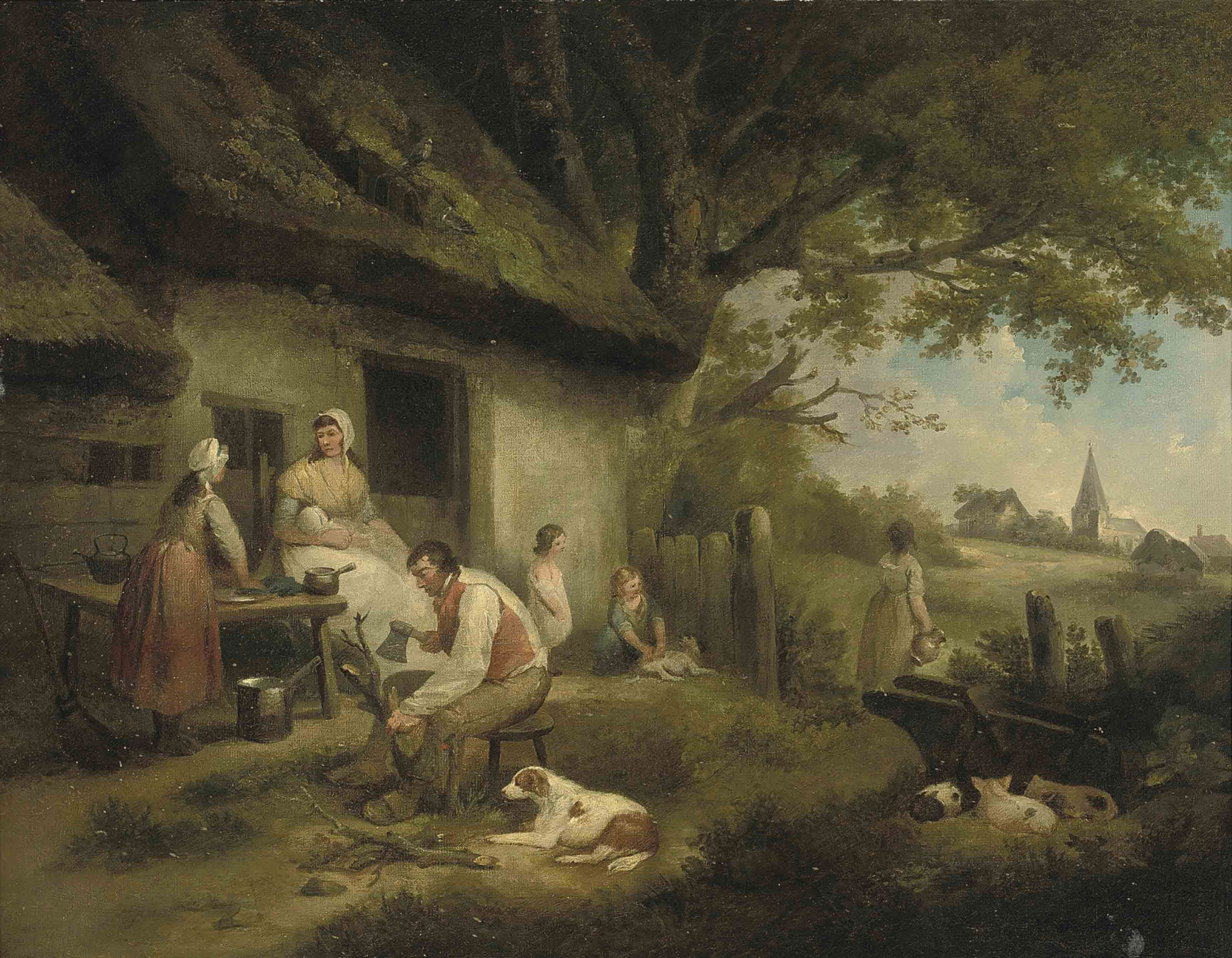 The Cottagers: A family outside a cottage in a wooded landscape, a village beyond
