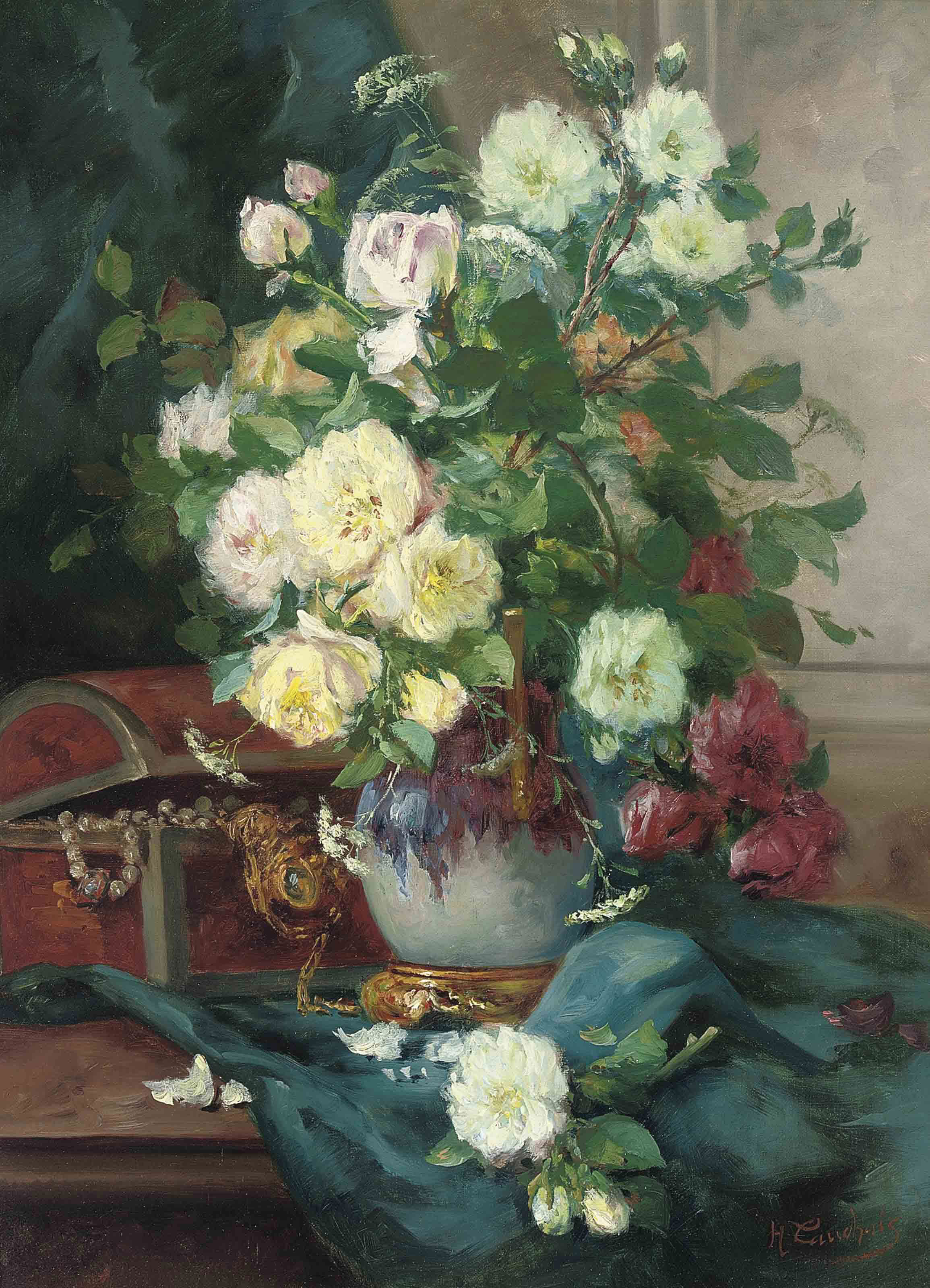 Eugene Henri Cauchois French 1850 1911 Red Roses White Roses