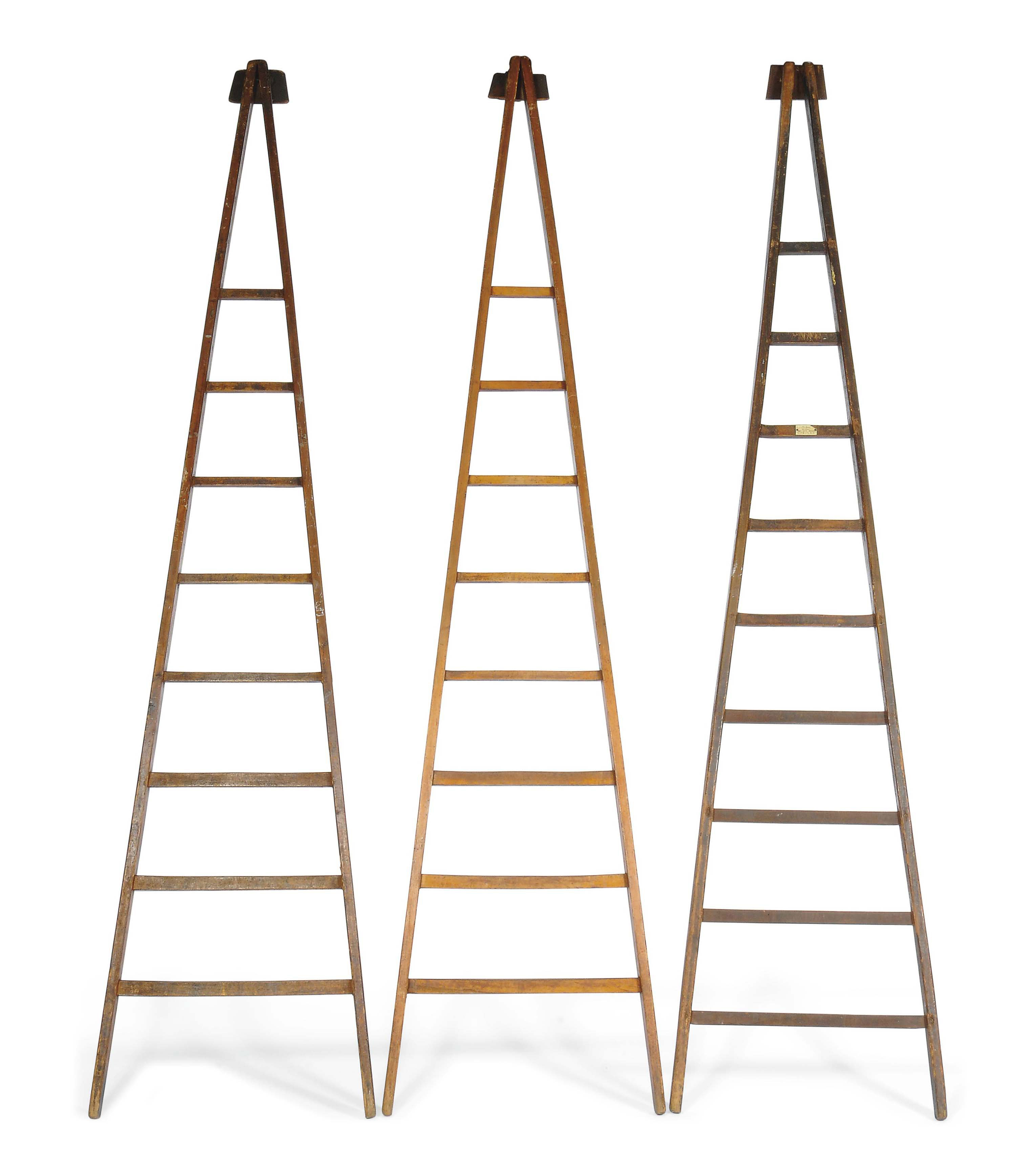 A GROUP OF THREE VICTORIAN PINE LIBRARY LADDERS , TWO BY SLINGSBY