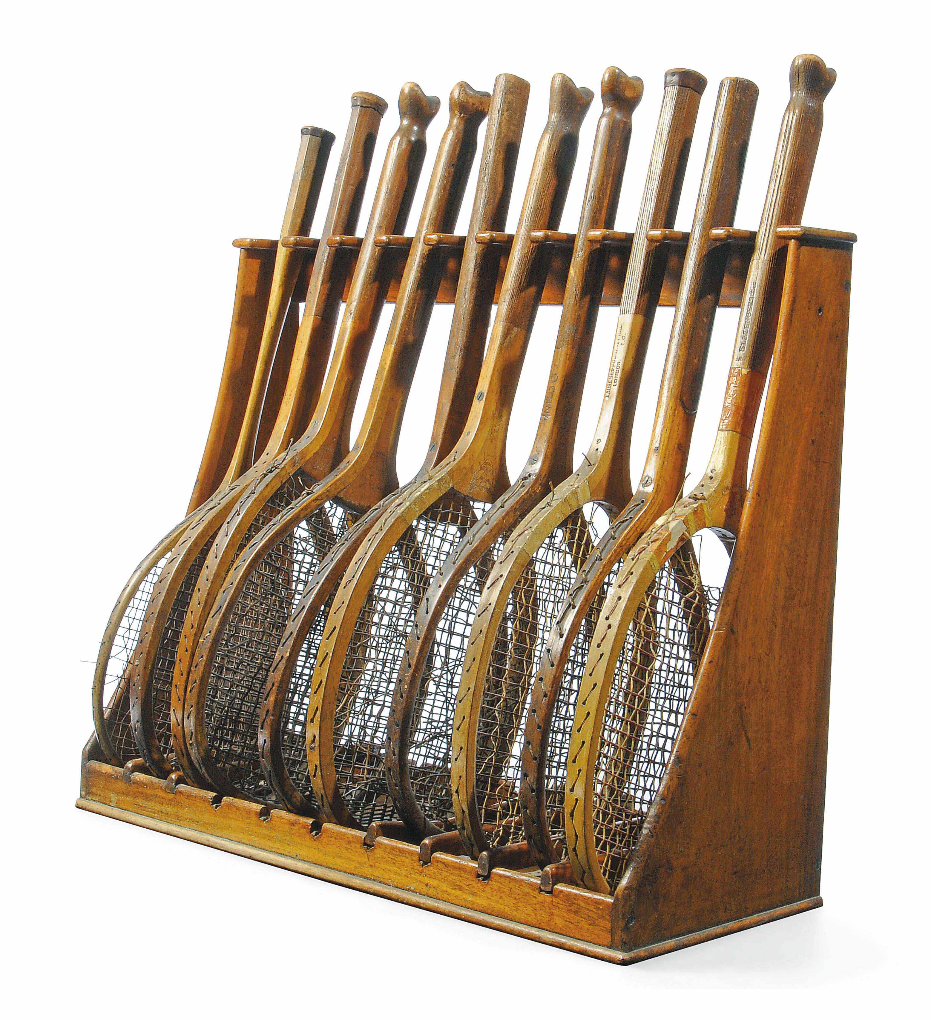 AN EDWARDIAN MAHOGANY TENNIS RACQUET STAND , FIRST HALF 20TH CENTURY