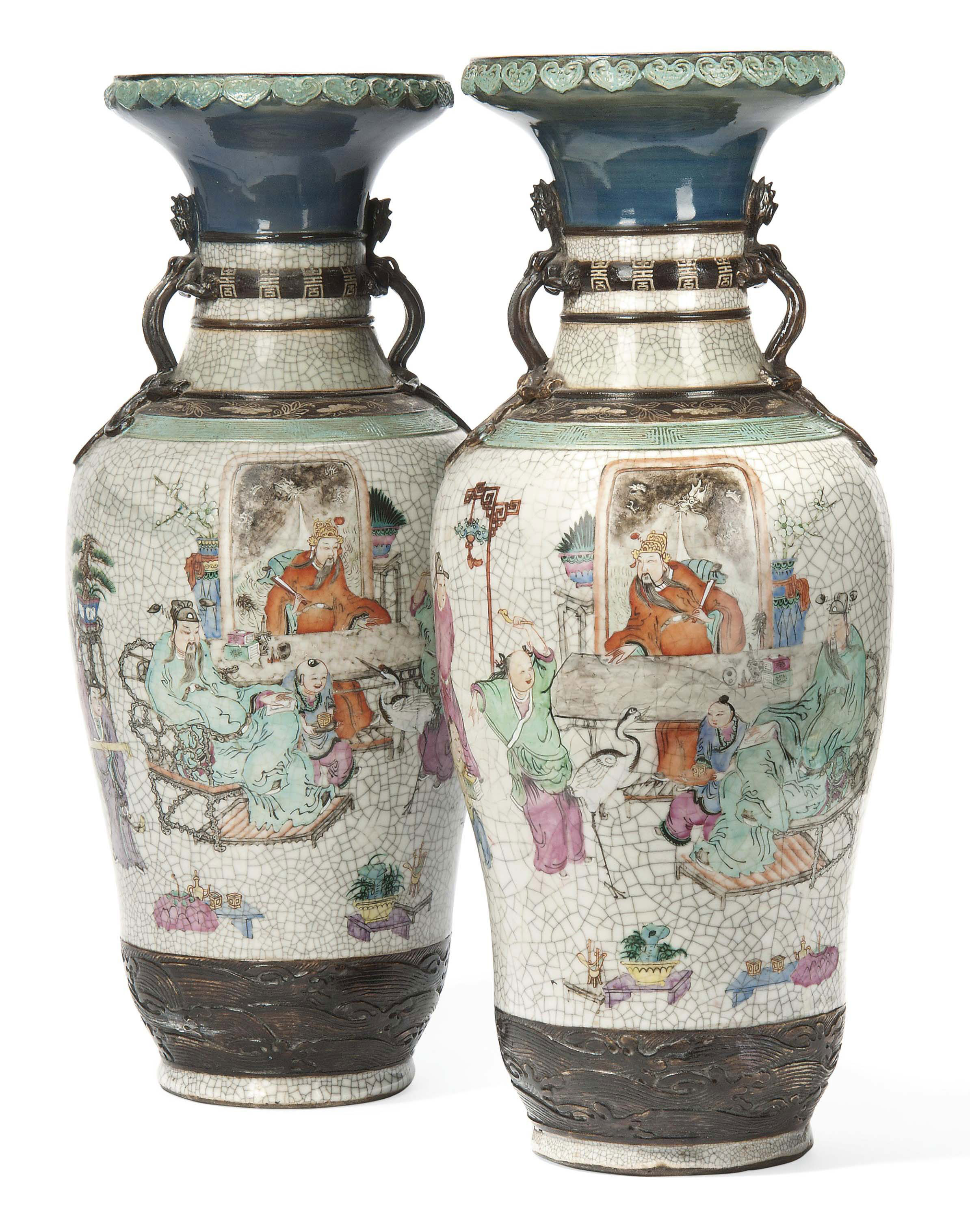A PAIR OF LARGE CHINESE FAMILLE ROSE CRACKLED GLAZE VASES