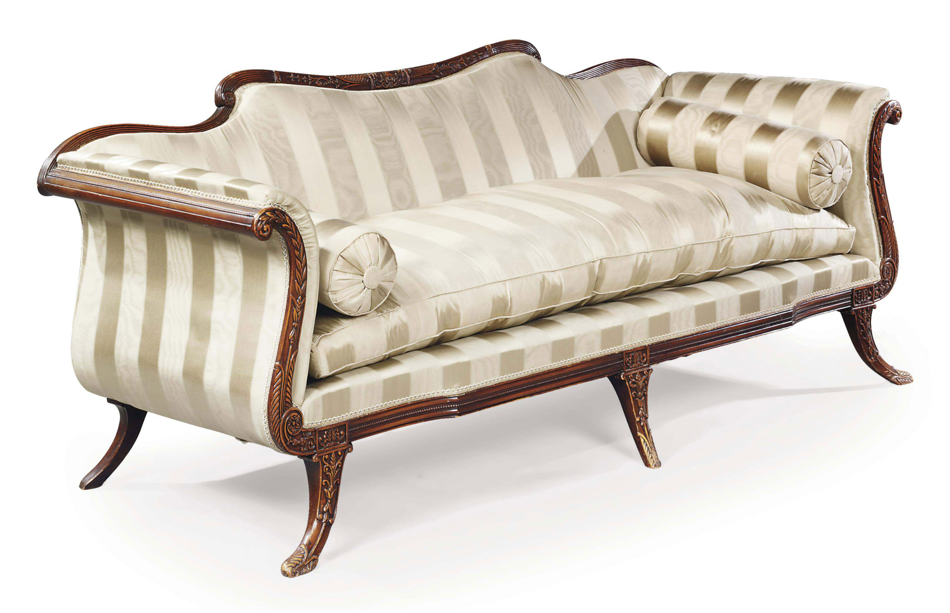 AN ENGLISH GRAINED MAHOGANY SOFA , OF REGENCY STYLE, LATE 19TH EARLY