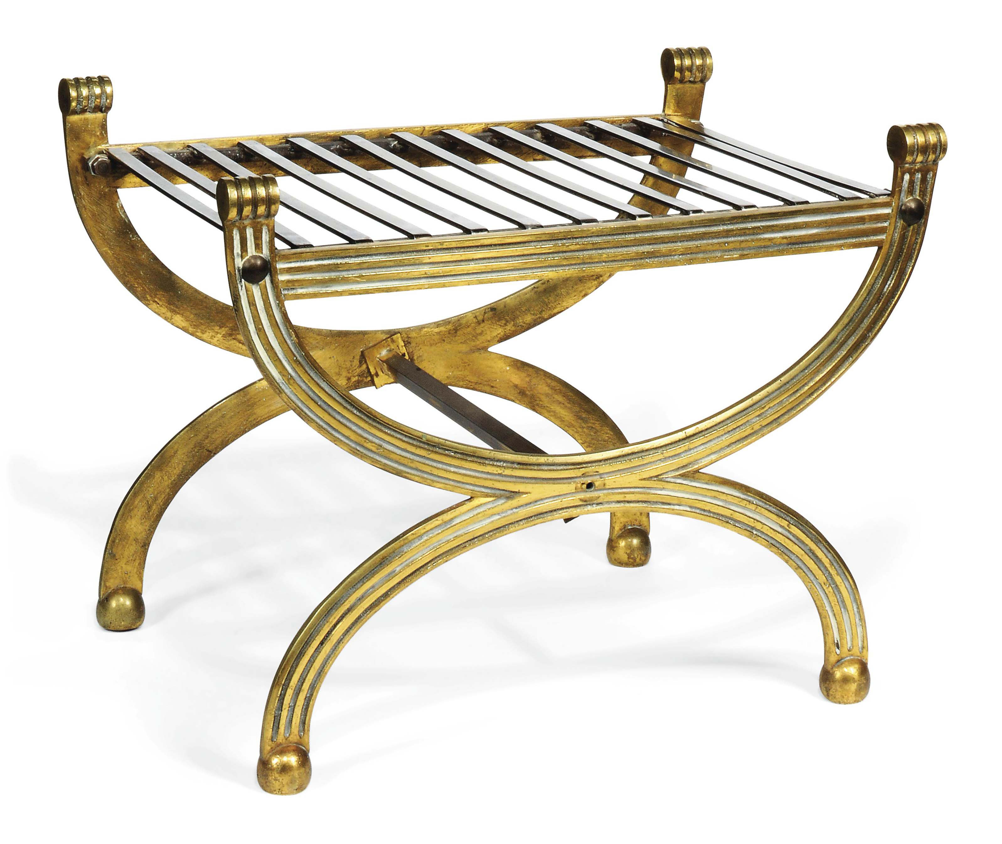 A BRASS AND STEEL 'X' FRAME STOOL