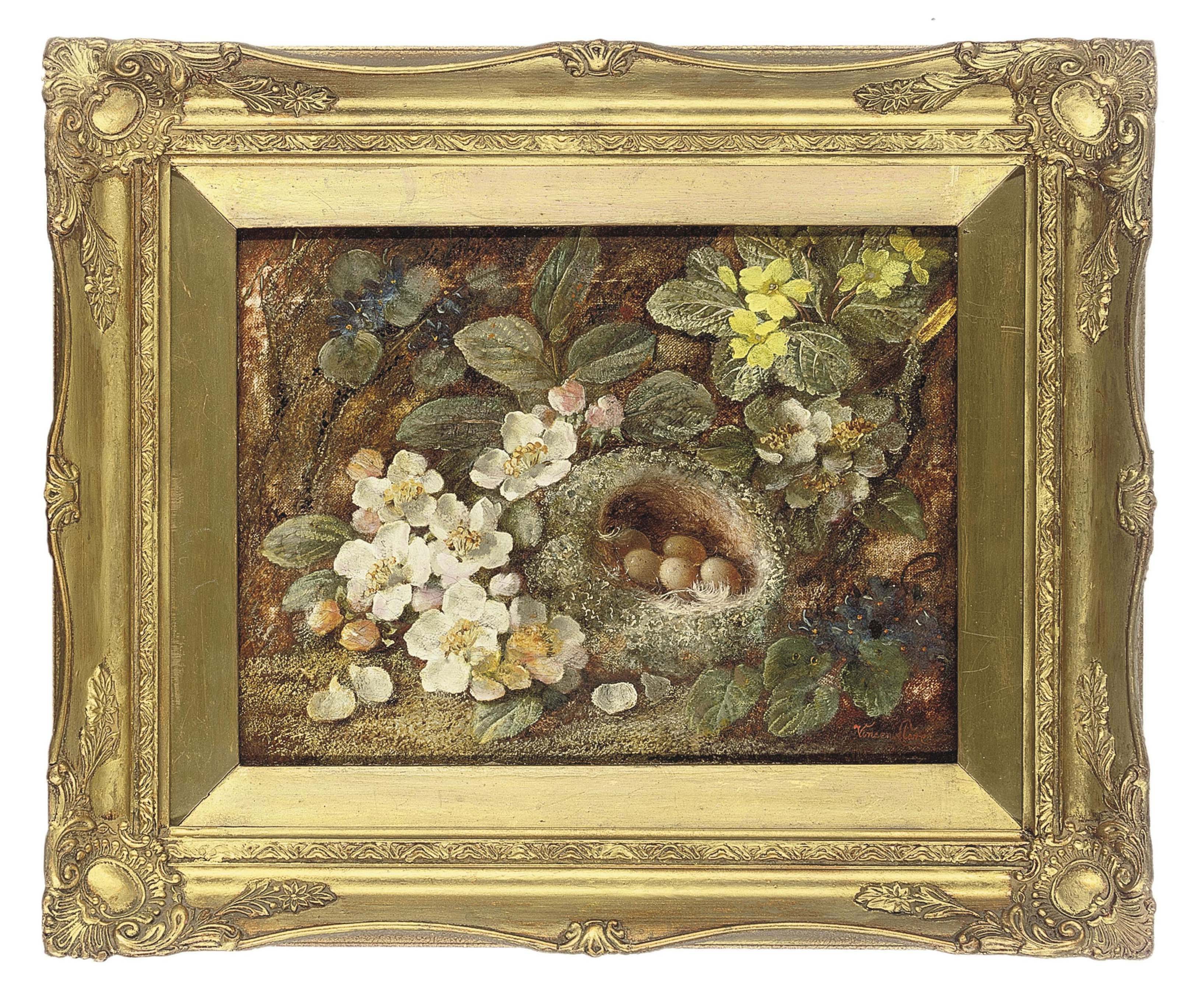Vincent Clare (18551930) , Primroses and a bird's nest on a mossy bank