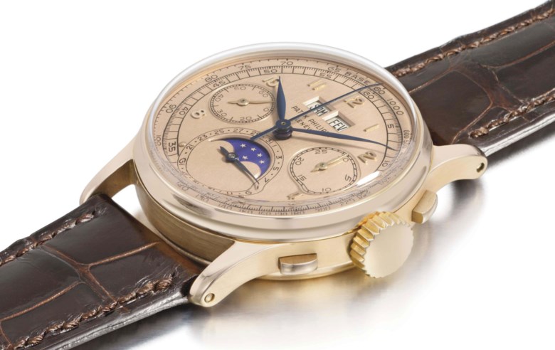 Patek Philippe. An 18K pink gold perpetual calendar chronograph wristwatch with moon phases and pink dial. Reference no. 1518, movement no. 867’525, case no. 653’822, 1948. Sold for CHF 1,143,000 on 16 May 2011 at Christie’s in Geneva