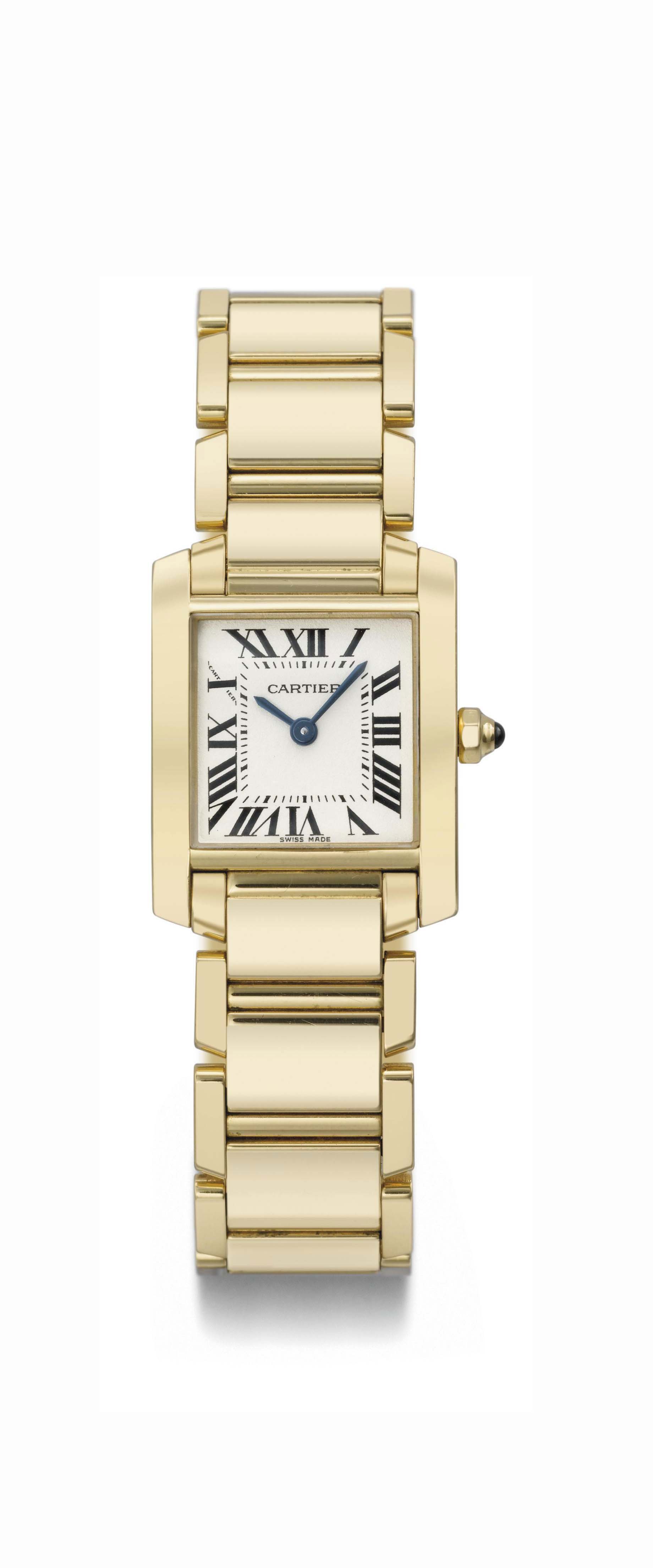 Cartier. An 18K gold automatic rectangular curved wristwatch with