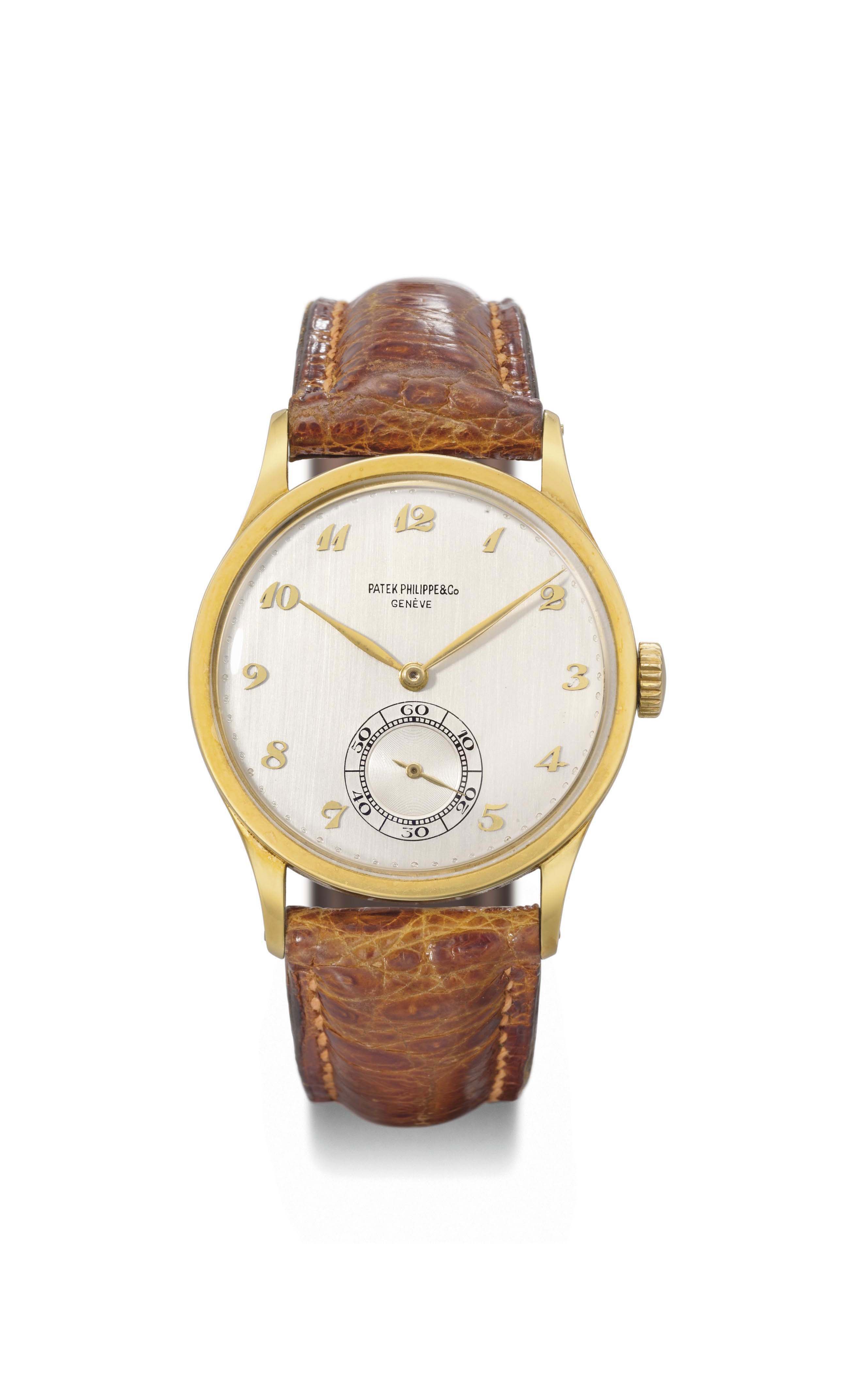 Patek Philippe. A large and attractive 18K gold wristwatch with Breguet numerals SIGNED PATEK PHILIPPE CO. GENEVE CALATRAVA MODEL REF. 570 MOVEMENT NO. 960 916 CASE NO. 300 788 MANUFACTURED IN 1947 Ch...