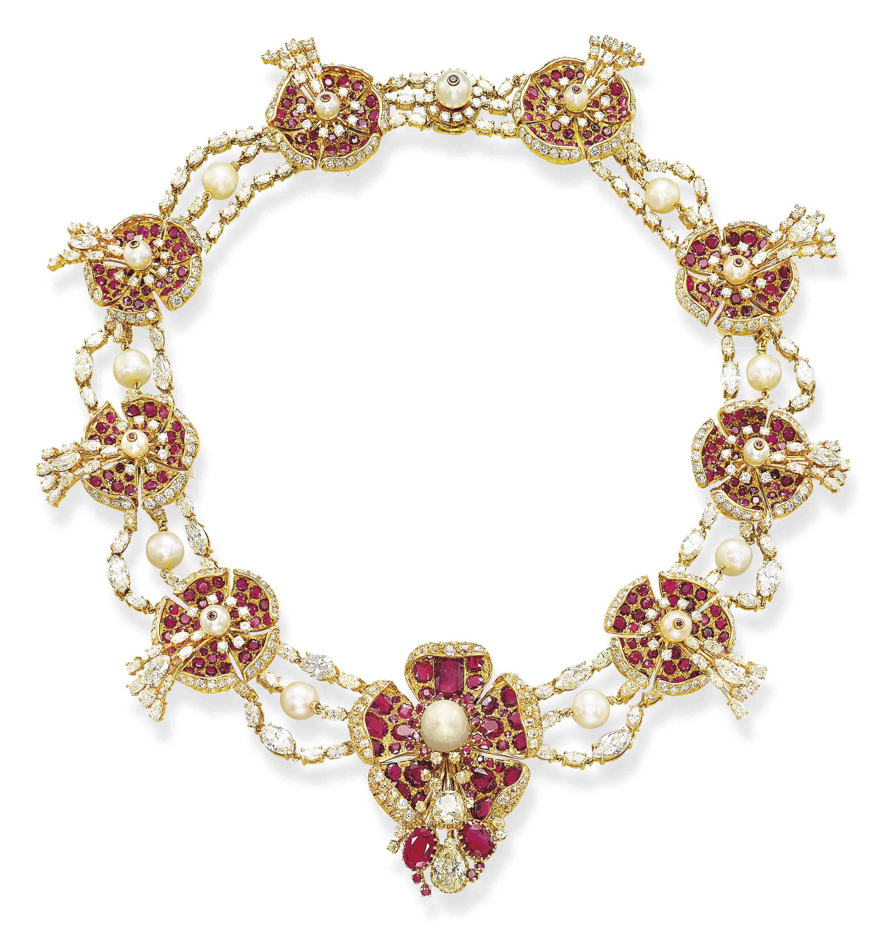 A RUBY, PEARL AND DIAMOND NECKLACE, BY LOMBARD | Christie's