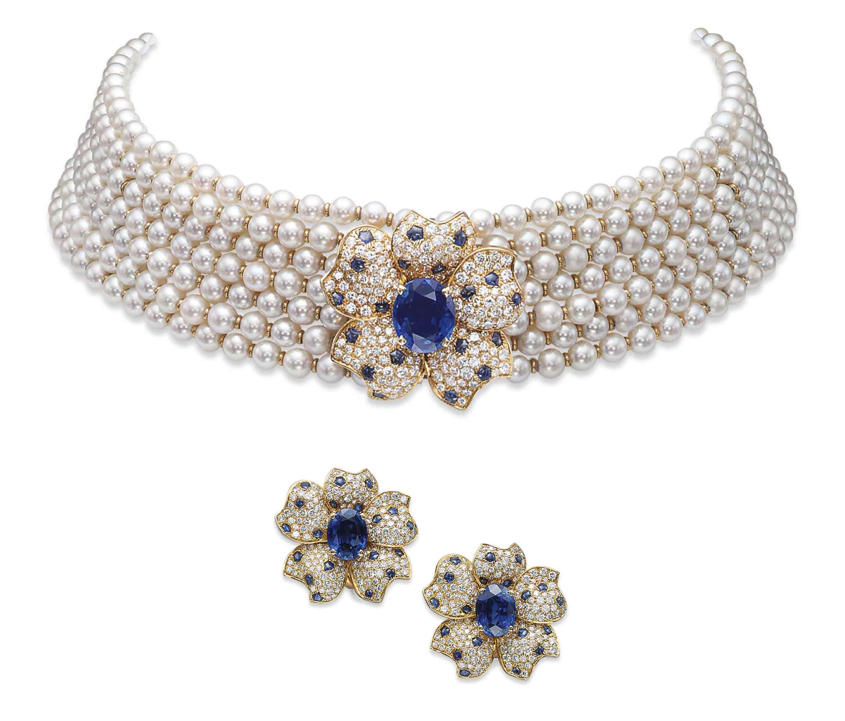 A SET OF SAPPHIRE, DIAMOND AND CULTURED PEARL JEWELLERY, BY CARTIER | Christie's