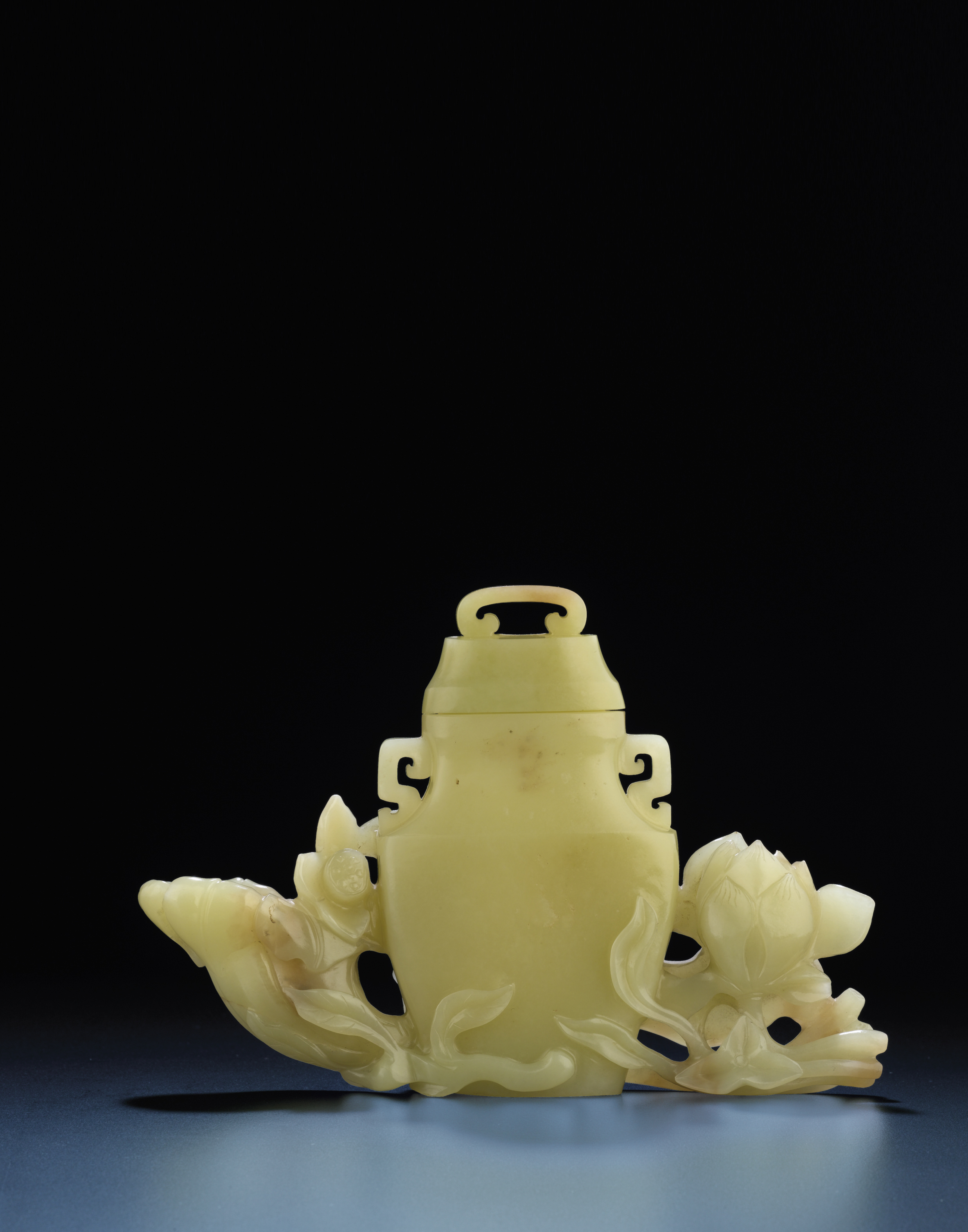 A VERY RARE YELLOW JADE COVERED VASE AND LOTUS GROUP , QIANLONG PERIOD
