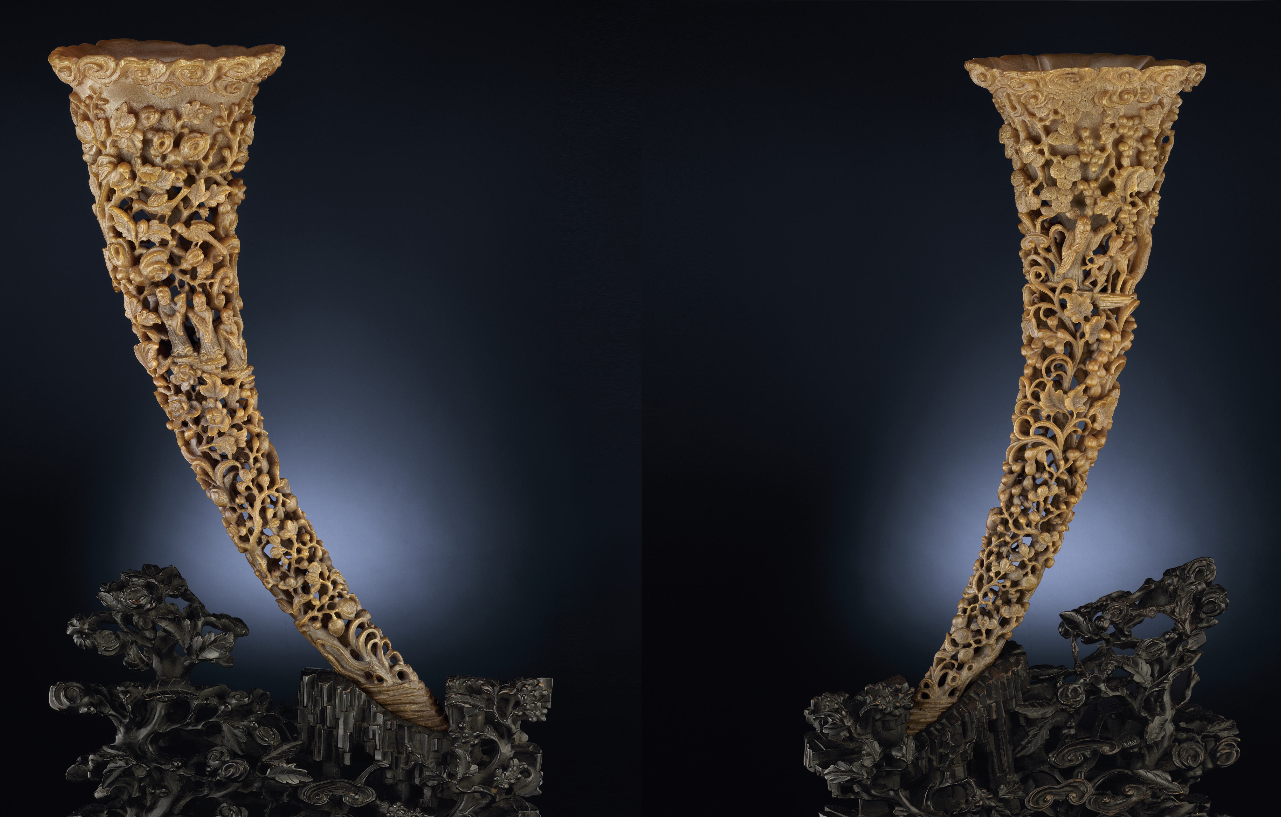 A SUPERBLY CARVED LARGE PAIR OF RETICULATED FULLTIP RHINOCEROS HORN