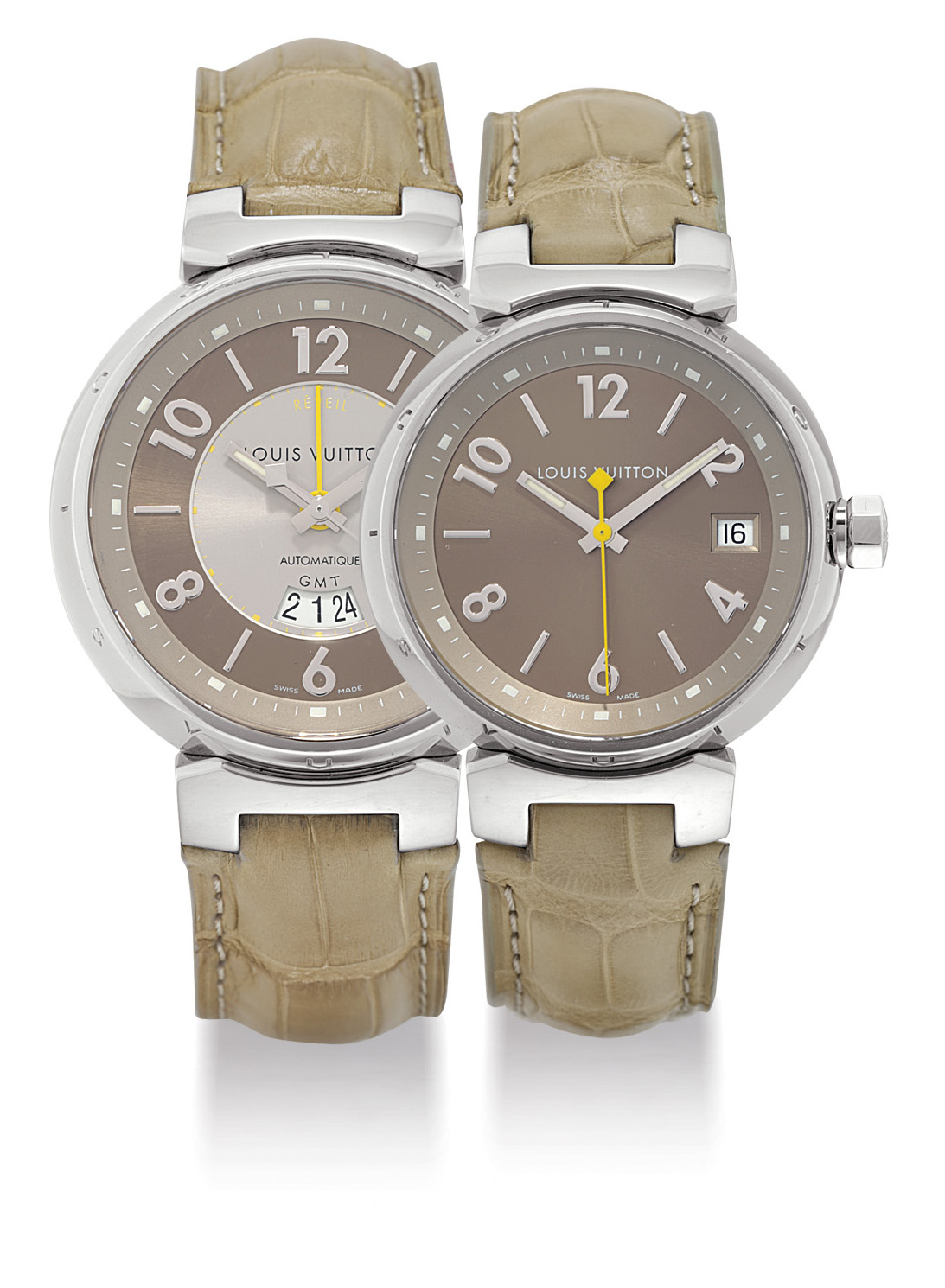 LOUIS VUITTON. A STAINLESS STEEL DUAL TIME WRISTWATCH WITH DATE AND