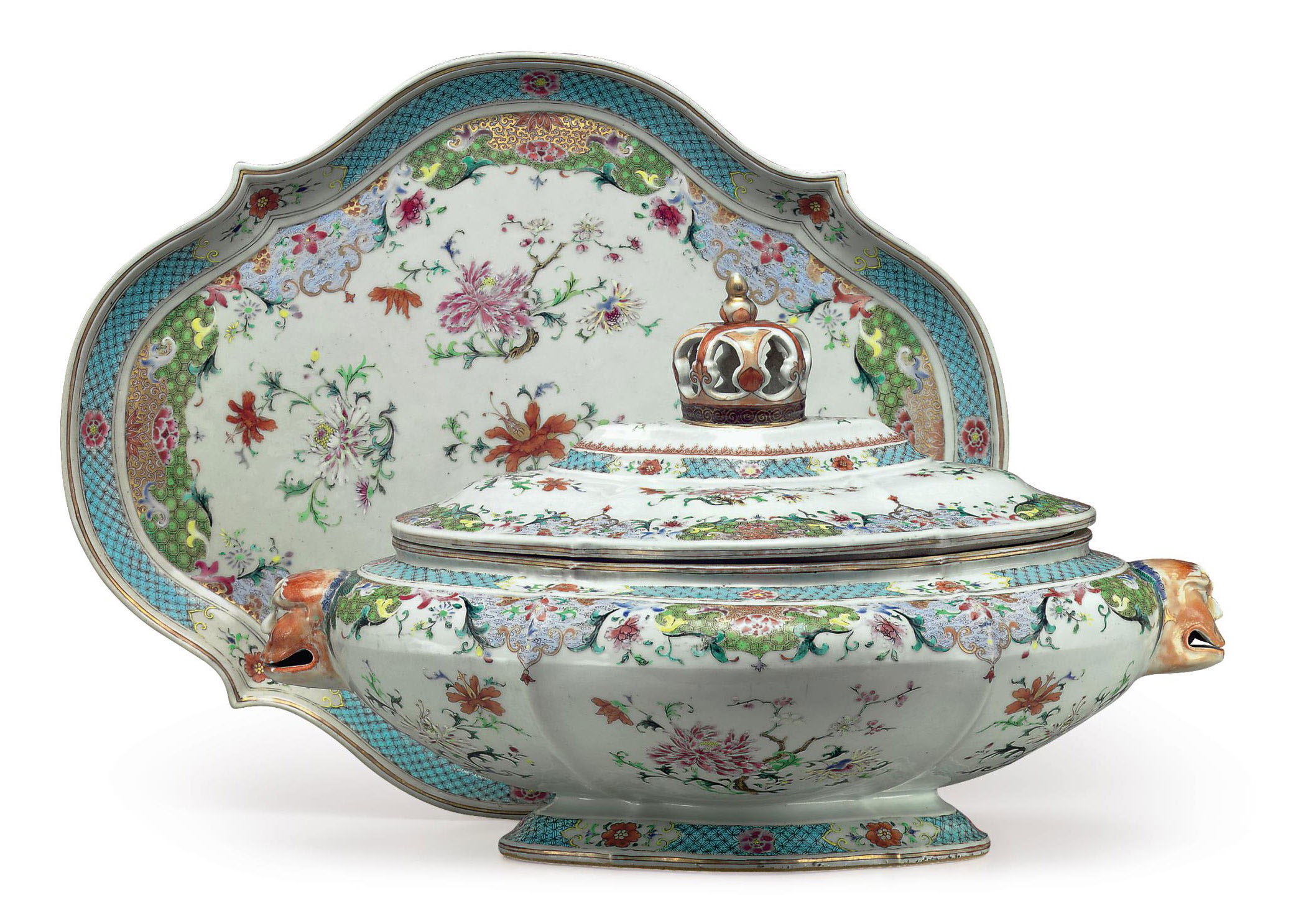 A LARGE FAMILLE ROSE SOUP TUREEN, COVER AND STAND , CIRCA 1740 Christie's