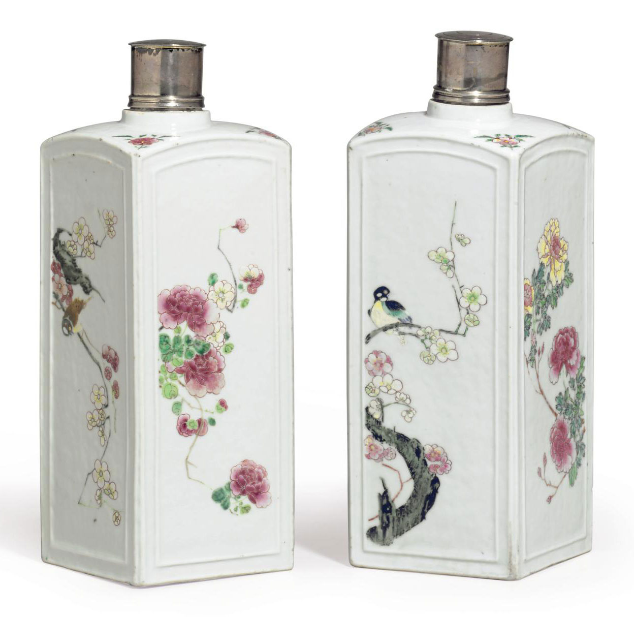 AN UNUSUAL PAIR OF FAMILLE ROSE GIN BOTTLES , CIRCA 1740, THE SILVER