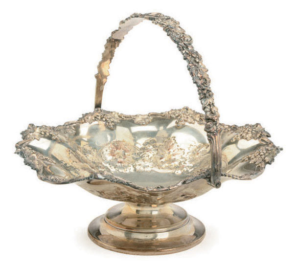 A SILVERPLATED FOOTED CAKE BASKET WITH A SWING HANDLE, , LATE 19TH