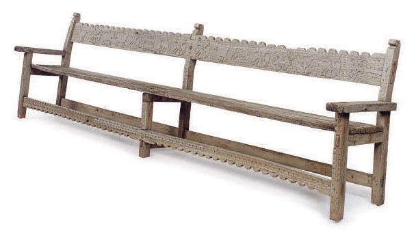 A Rustic Carved Pine Long Bench Late 20th Century Probably
