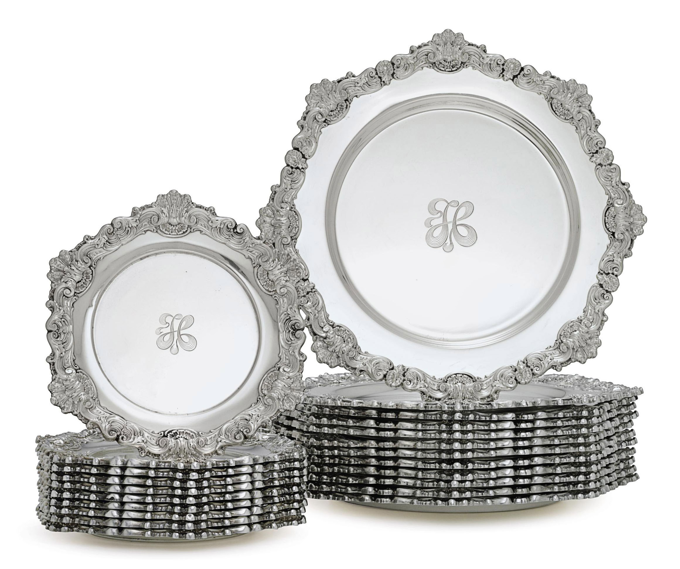A SET OF TWELVE SILVER DINNER PLATES AND TEN BREAD PLATES , MARK OF