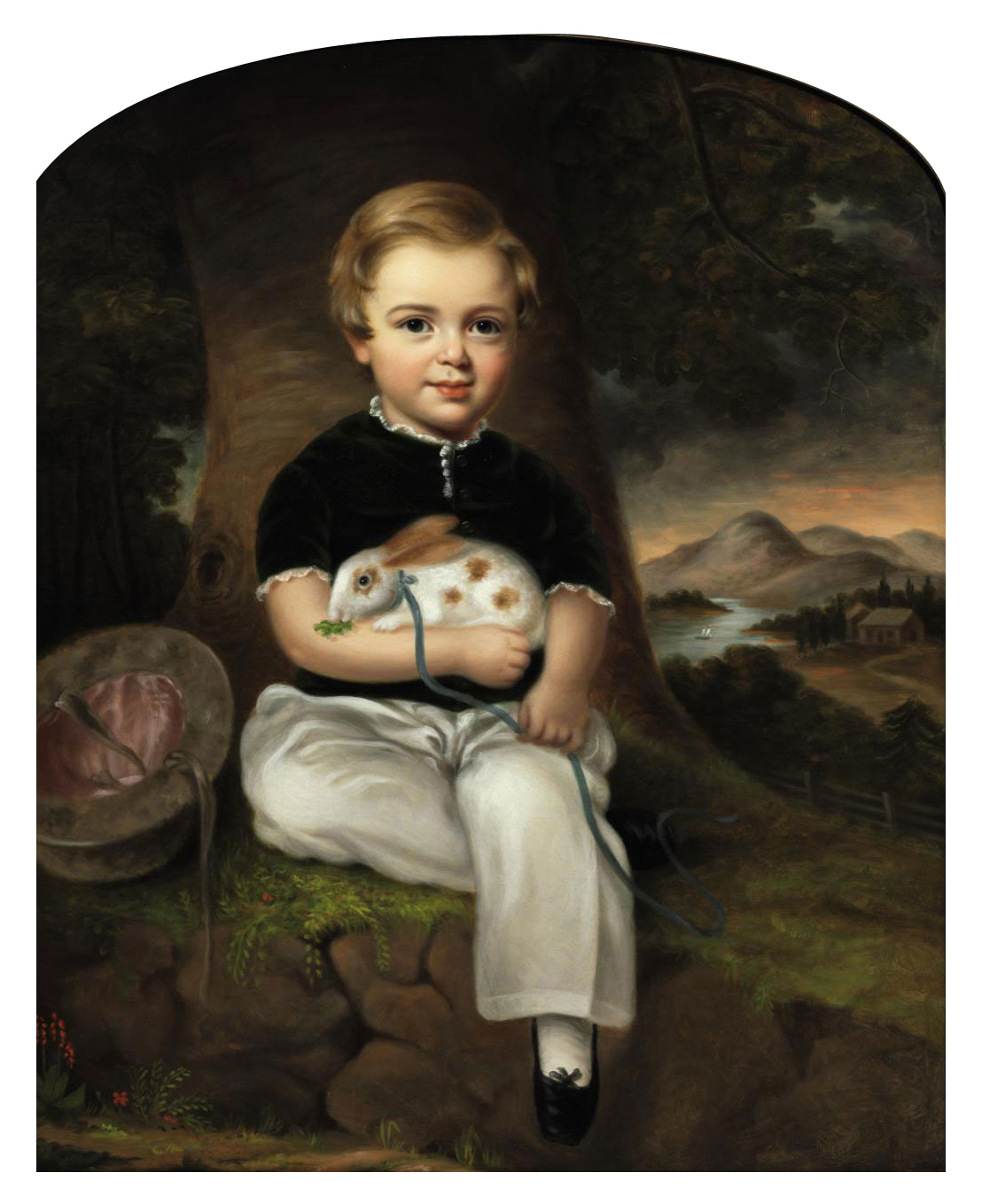 American School 19th Century Portrait Of A Boy With Rabbit