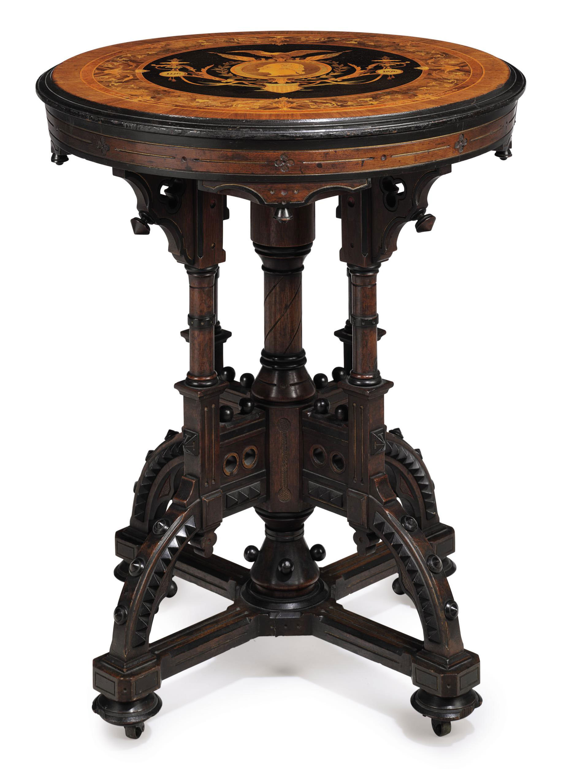 AN AESTHETIC MOVEMENT MARQUETRY INLAID, PARTEBONIZED AND PARCELGILT