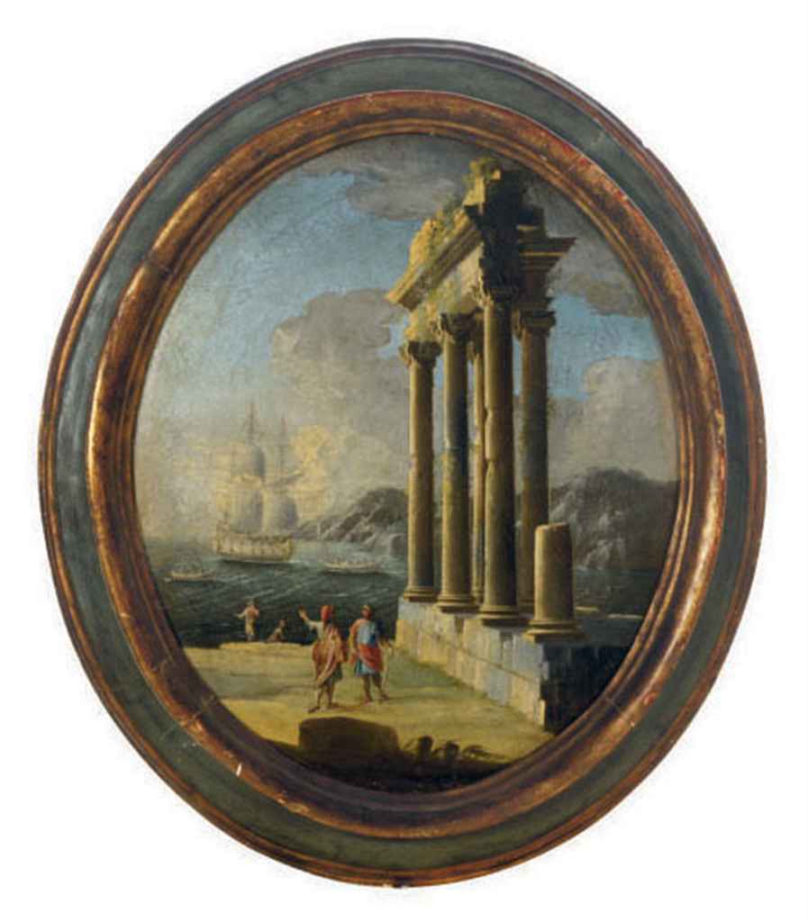 Follower of Giovanni Paolo Panini , A Mediterranean coastal landscape with figures by a classical ruin; and a companion painting... 