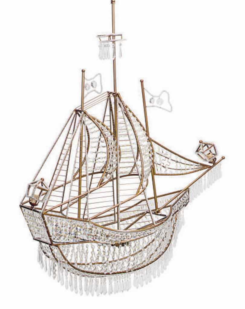 A BEADED CUT GLASS AND GILT METAL BOAT FORM CHANDELIER OF
