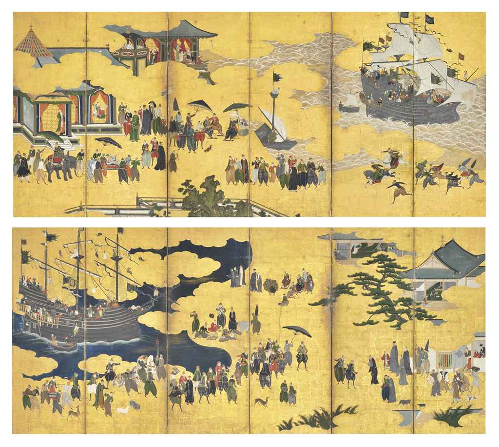 Attributed to Kano Naizen (1570-1616), Southern Barbarians Come to Trade. Ink, colour, gold and gold leaf on paper. 63 x 142&frac14; in (160 x 360.4 cm) each 	 (2). Sold for $4,786,500 on 23 March 2011 at Christie&rsquo;s in New York