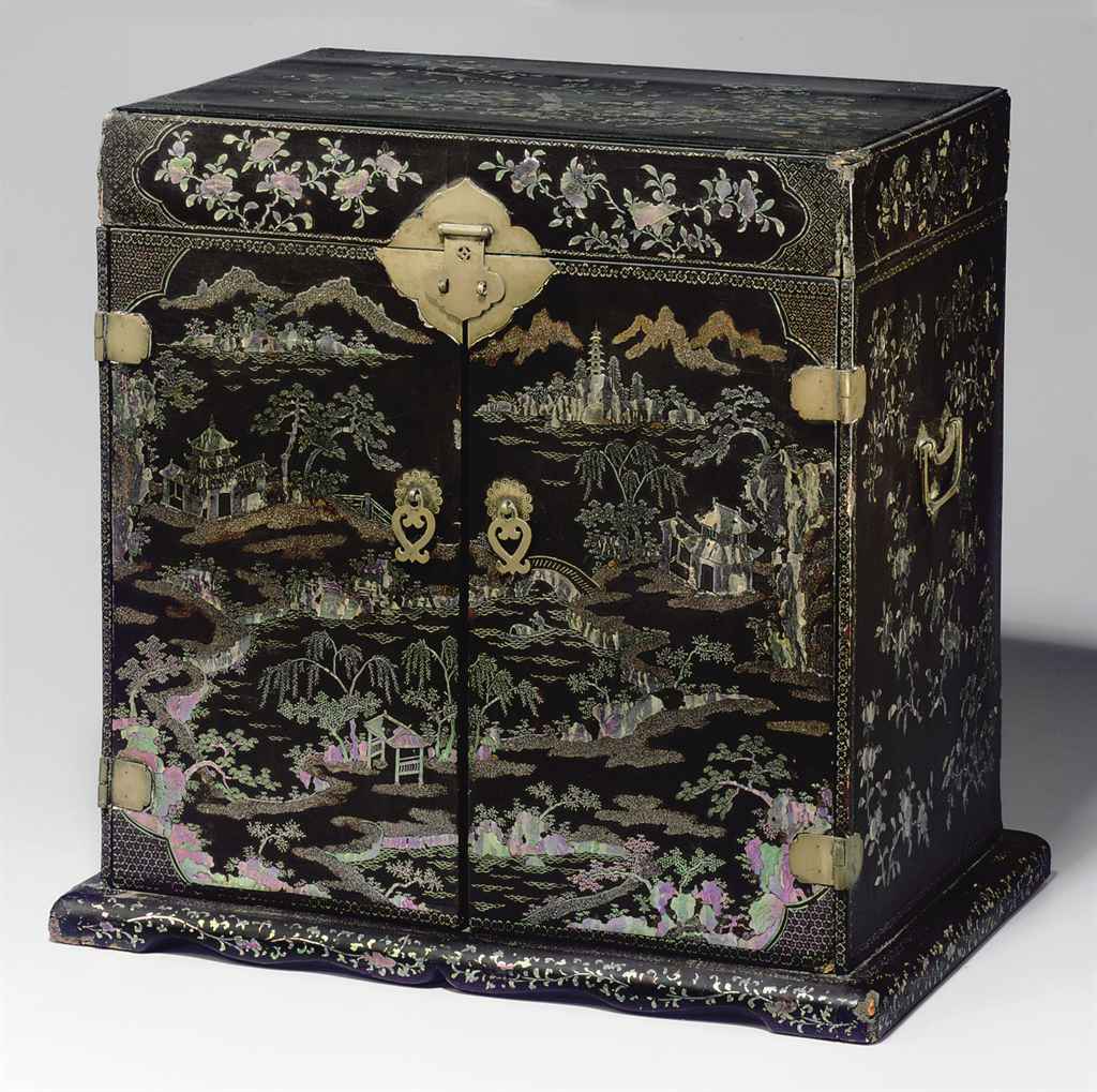 A Rare Mother Of Pearl Inlaid Black Lacquer Seal Chest