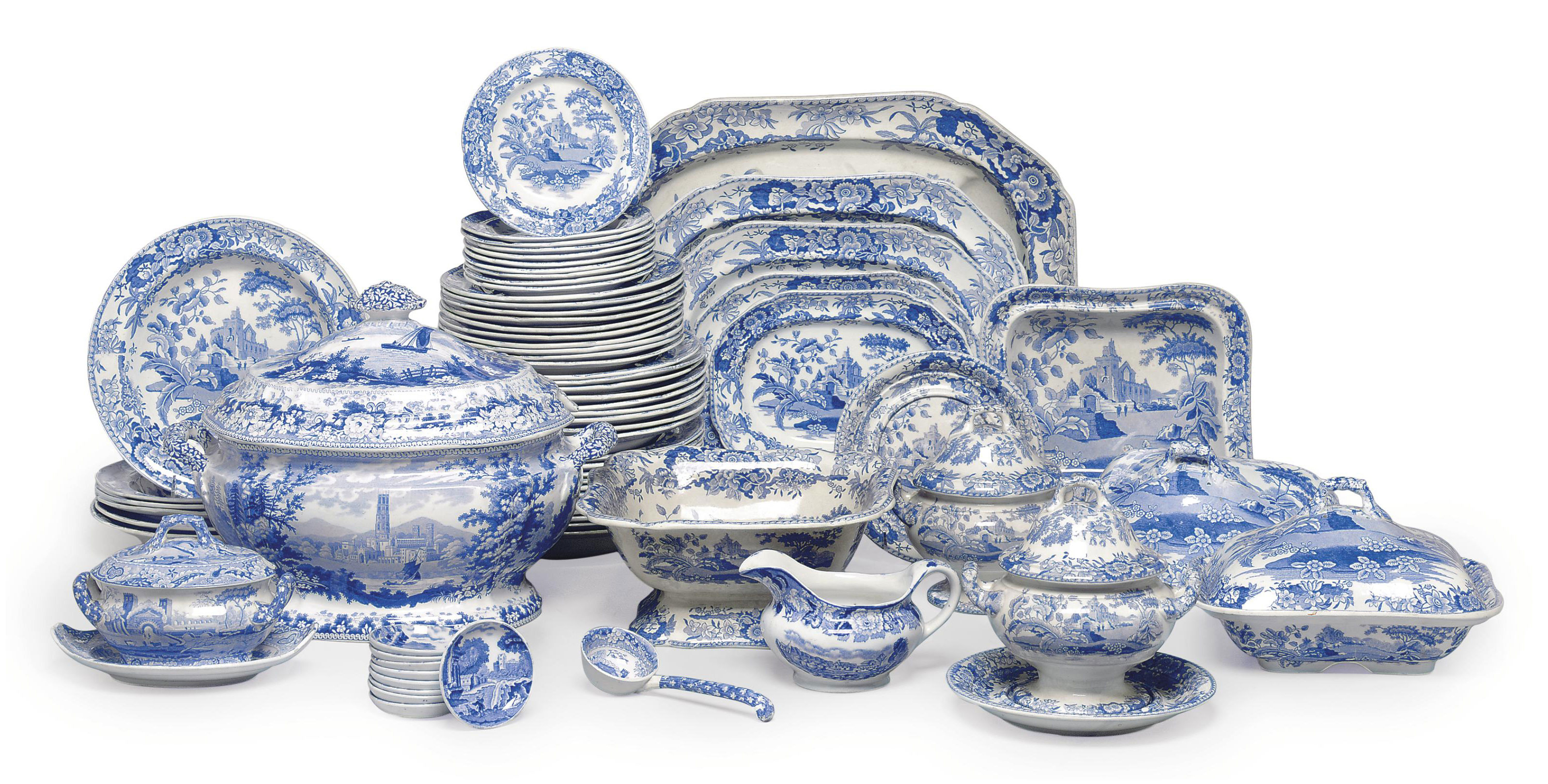 AN EXTENSIVE ENGLISH POTTERY TRANSFERPRINTED BLUE AND WHITE PART