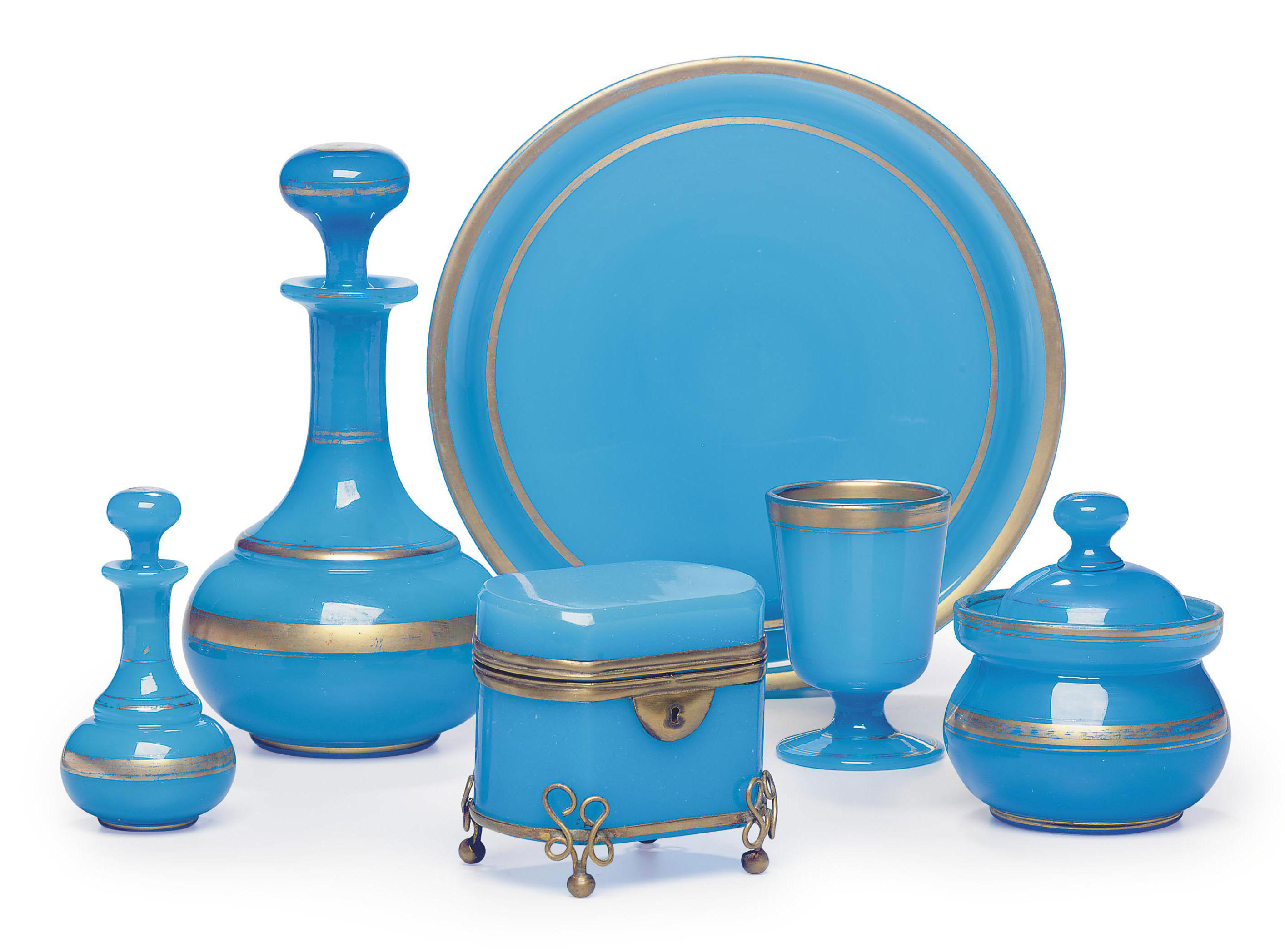 A FRENCH BLUE OPALINE GLASS WATER SET AND A SIMILAR GILTMETAL MOUNTED