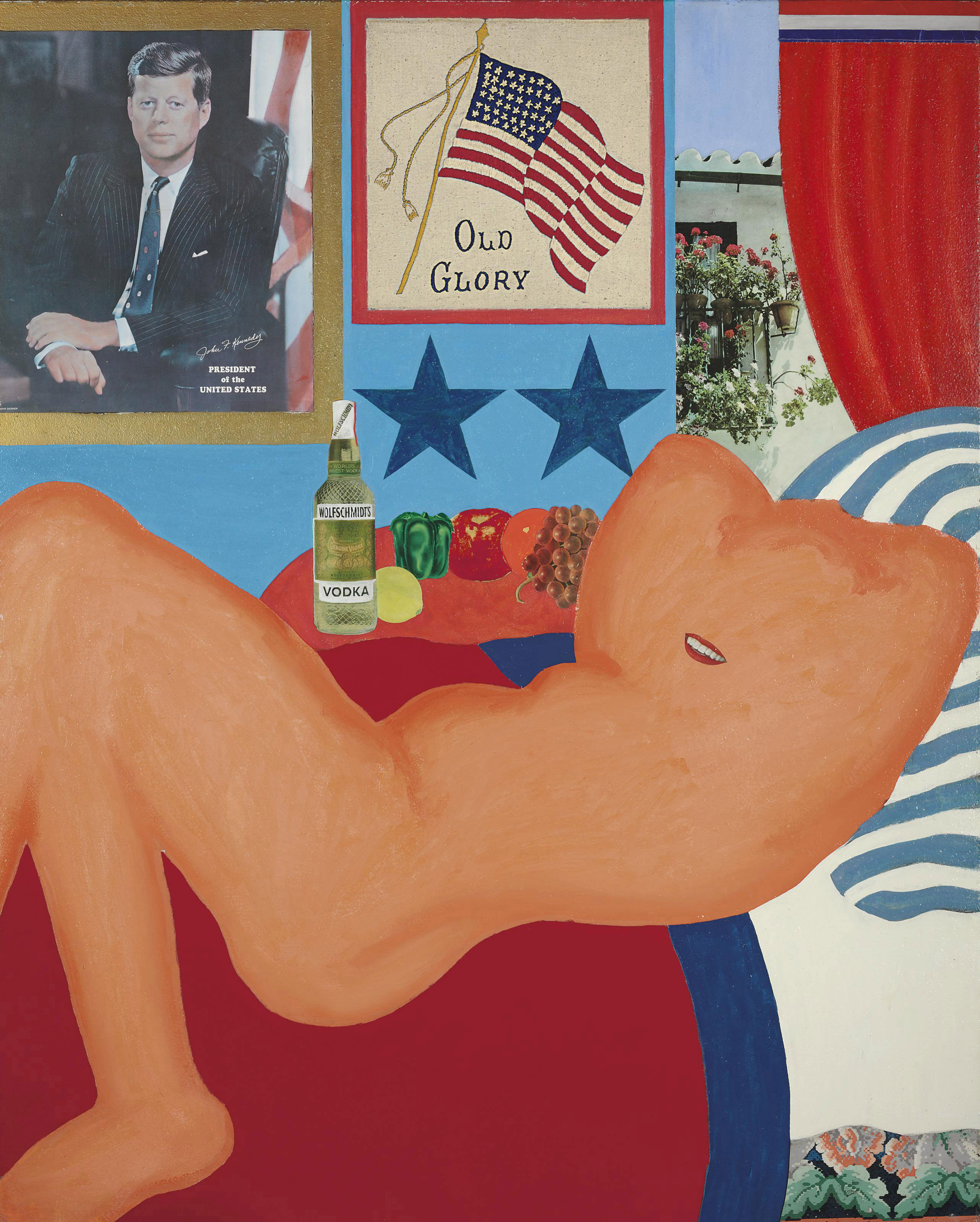 Tom Wesselmann (1931-2004), Great American Nude # 21, executed in 1961. Casein, enamel, graphite, printed paper, fabric, linoleum and embroidery on board. 60 x 48 in (152.4 x 121.9 cm). Sold for $3,330,500 on 11 May 2011 at Christie&rsquo;s in New York. Artwork: &copy; Estate of Tom Wesselmann/VAGA at ARS, NY and DACS, London 2020