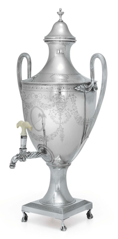 A GEORGE III SILVER TEA URN** , LONDON, 1783, MAKER'S MARK ...