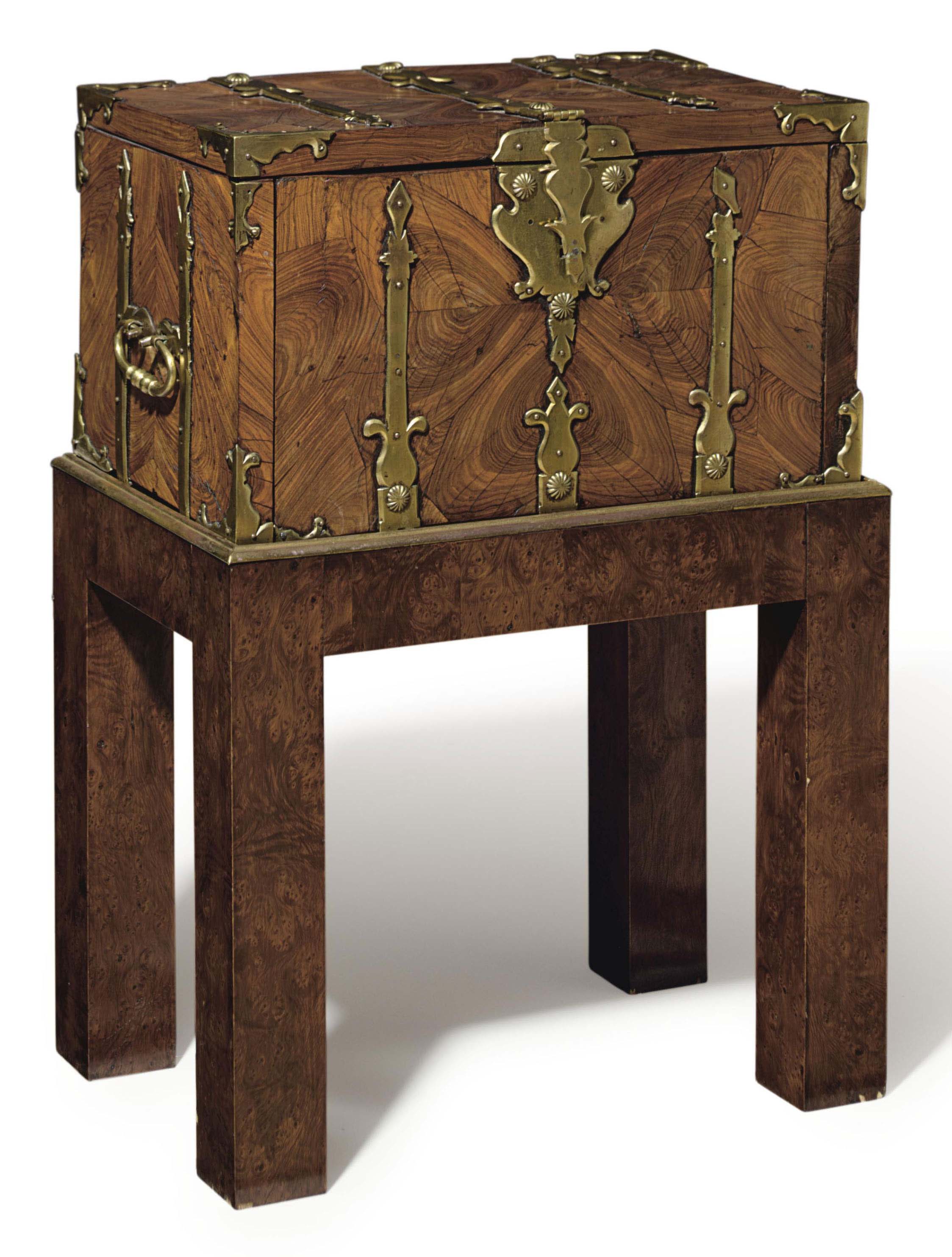 A FRENCH BRASSMOUNTED KINGWOOD STRONG BOX ON LATER STAND , THE BOX