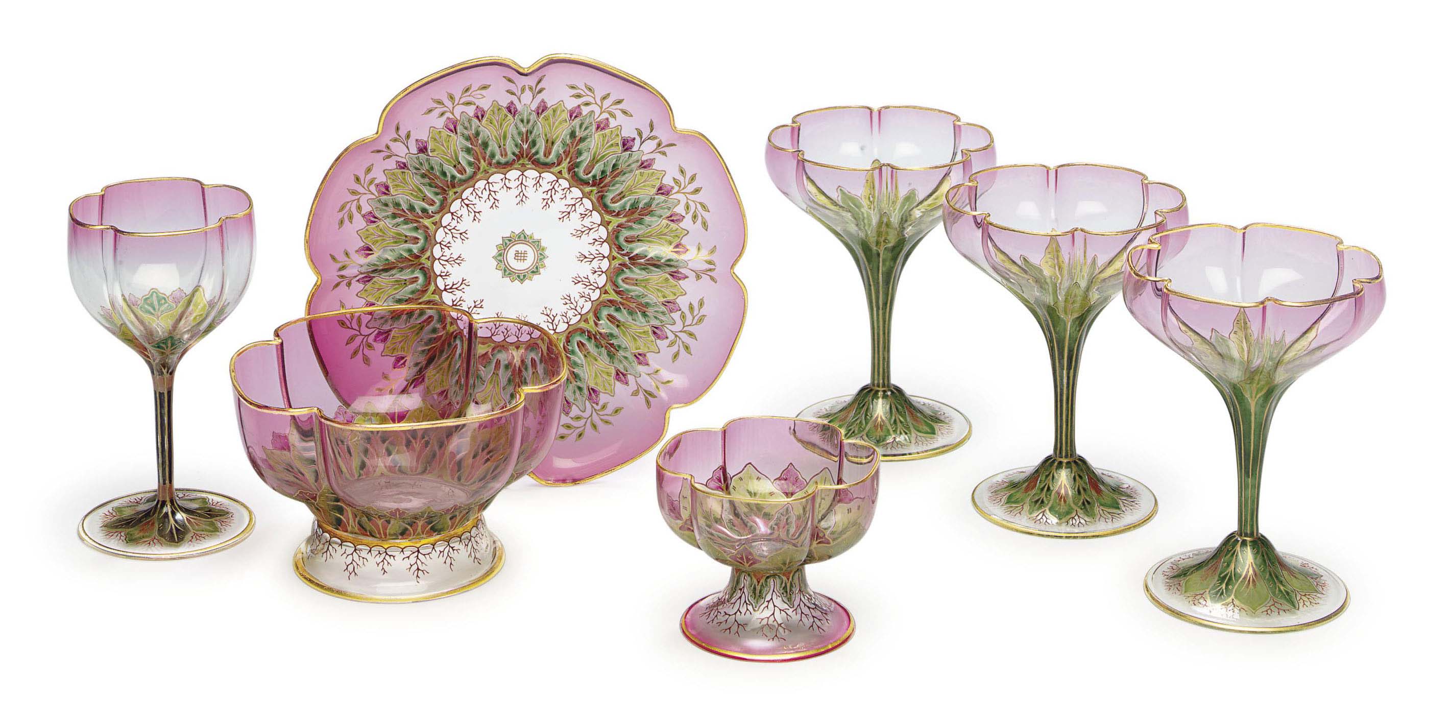 A J L Lobmeyr Translucent Pink Glass Enameled Part Stemware Service