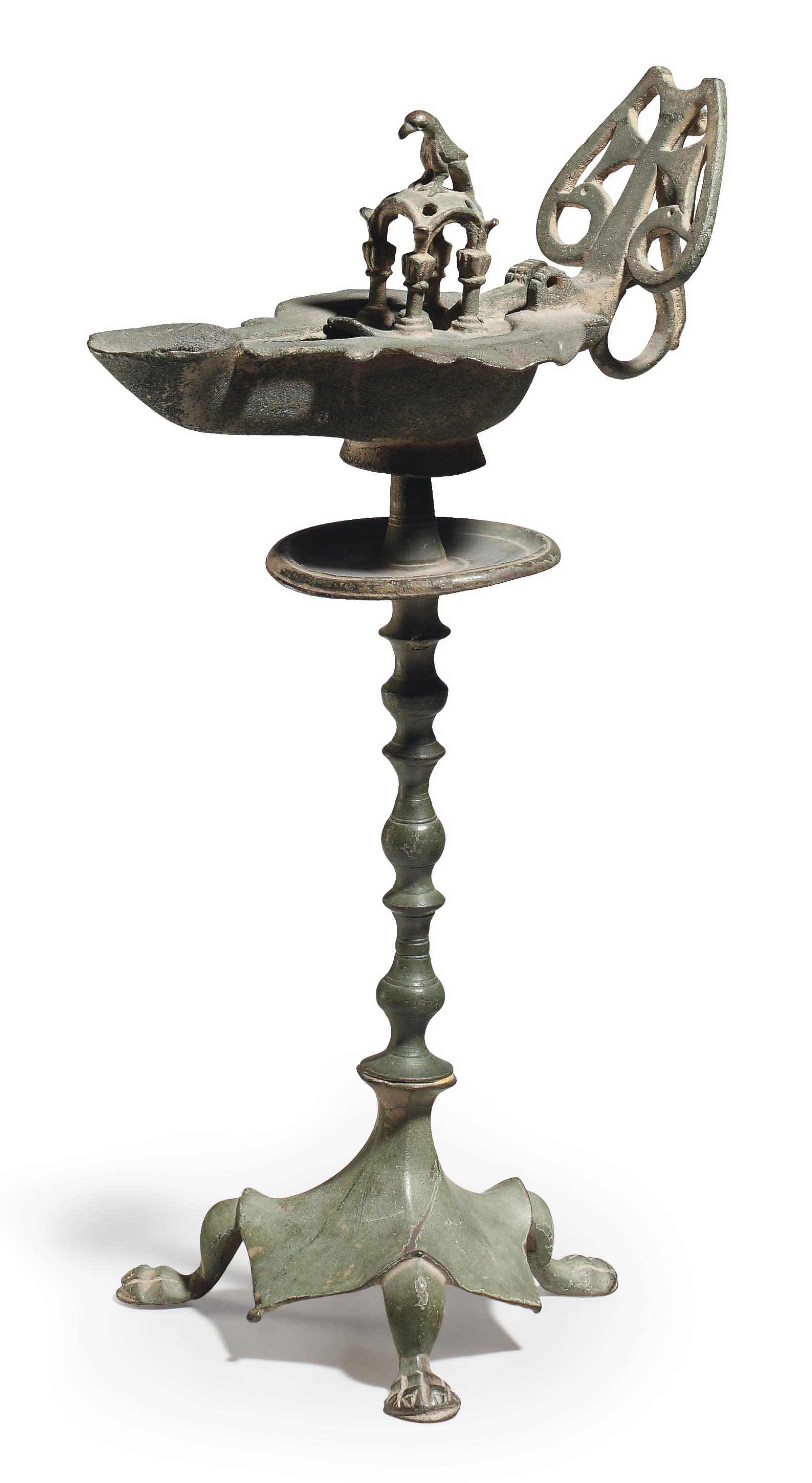 A BYZANTINE BRONZE OIL LAMP AND STAND , CIRCA 5TH6TH CENTURY A.D