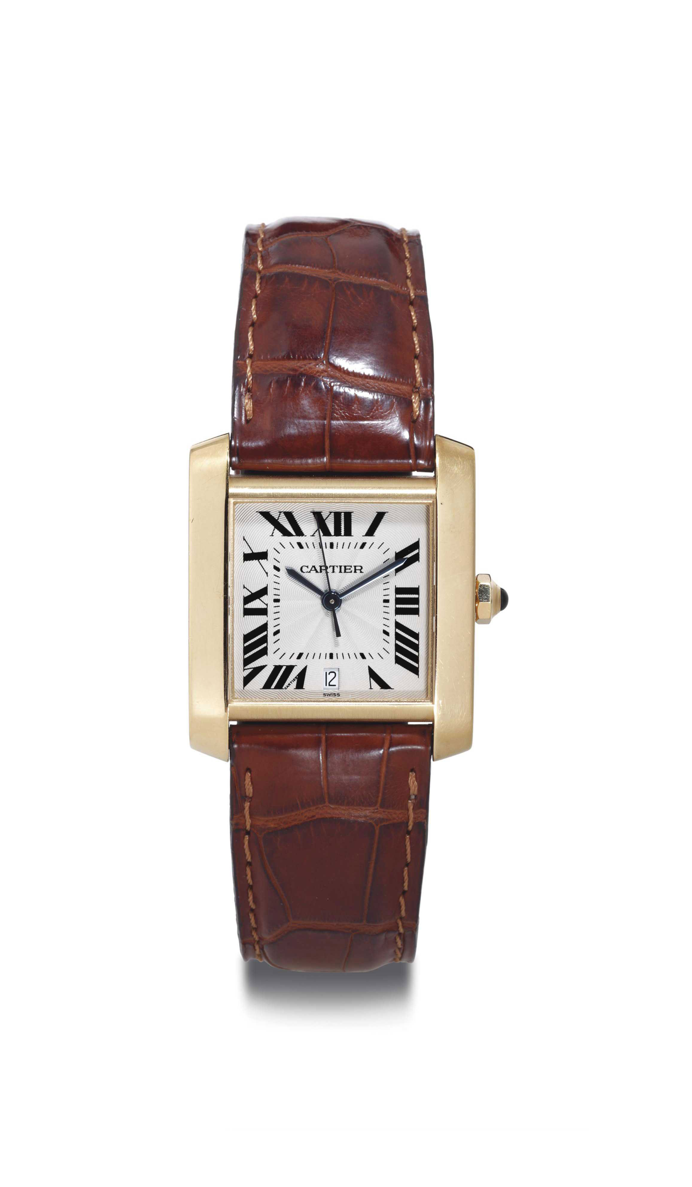 CARTIER. AN 18K GOLD SQUARE WRISTWATCH WITH DATE AND CENTER SECONDS , SIGNED CARTIER, TANK