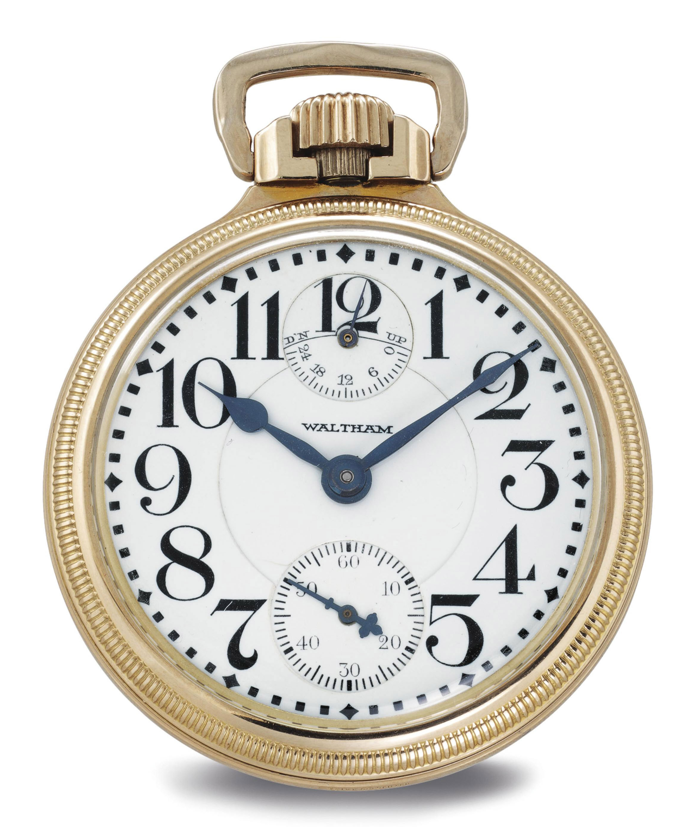 WALTHAM. A 10K GOLDFILLED OPENFACE KEYLESS LEVER POCKET WATCH WITH UP