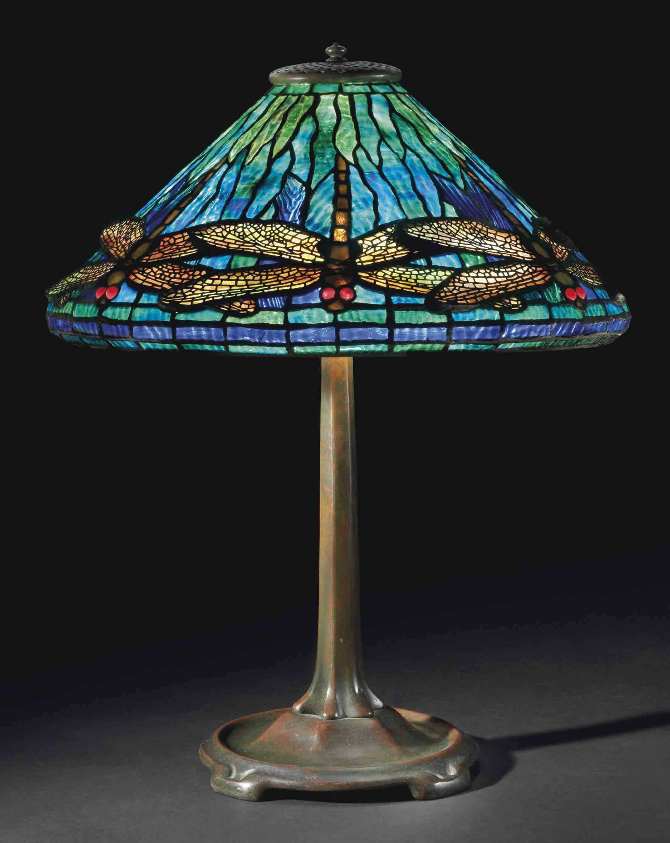 TIFFANY STUDIOS , A 'DRAGONFLY' LEADED GLASS AND BRONZE TABLE LAMP