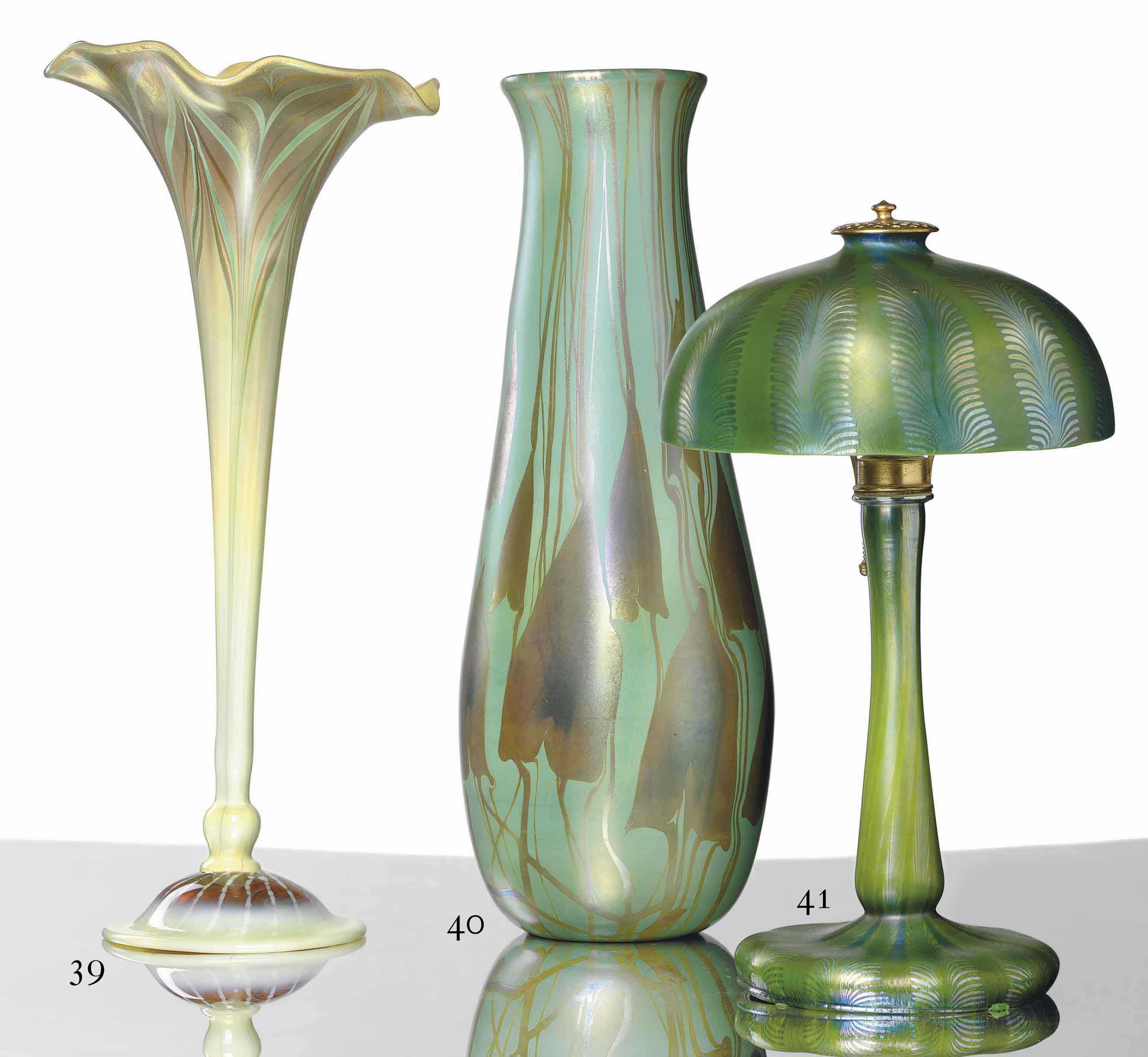 TIFFANY STUDIOS , A DECORATED FAVRILE GLASS FLORIFORM VASE, CIRCA 1900