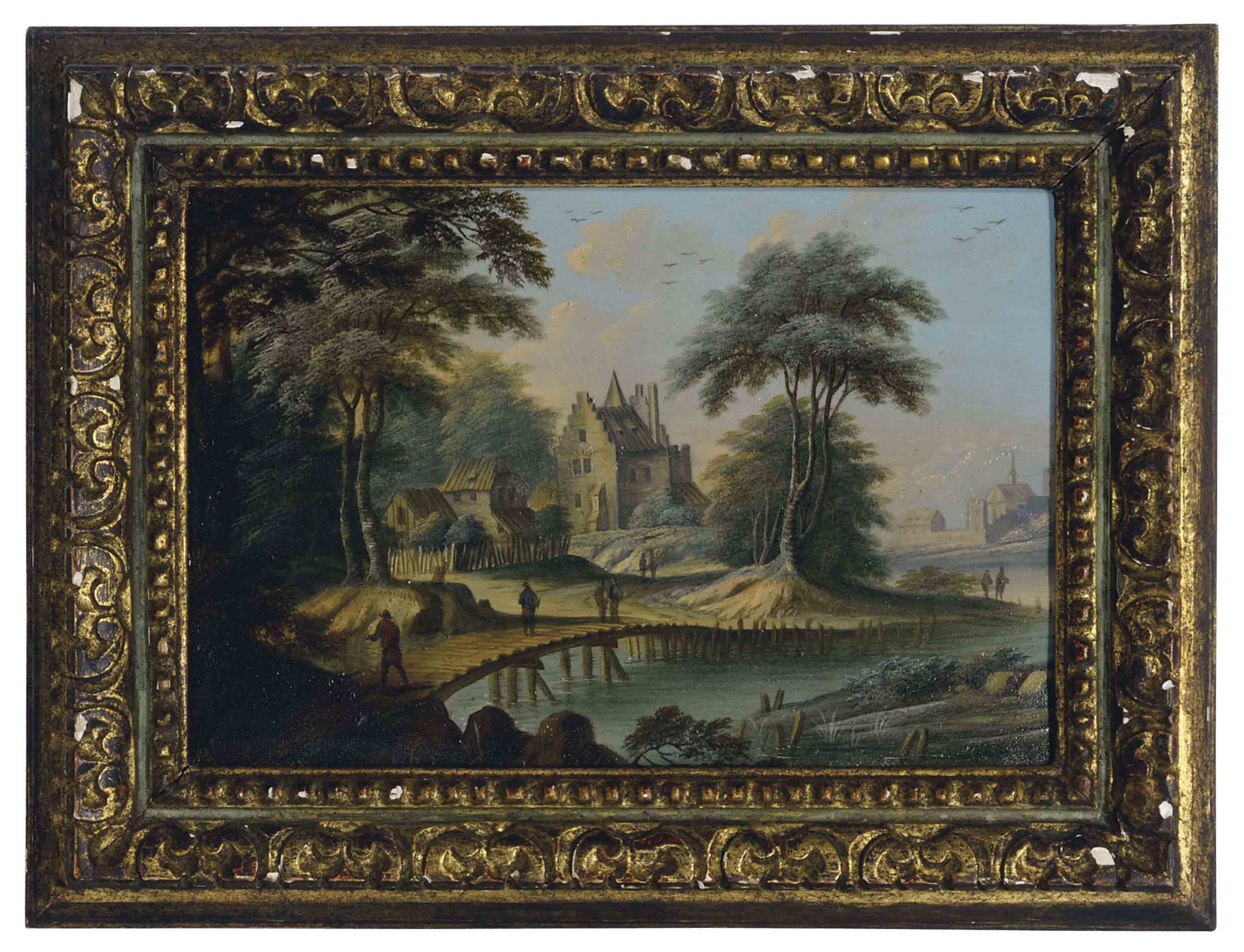 Flemish School 18th Century Travellers Crossing A Bridge 18th