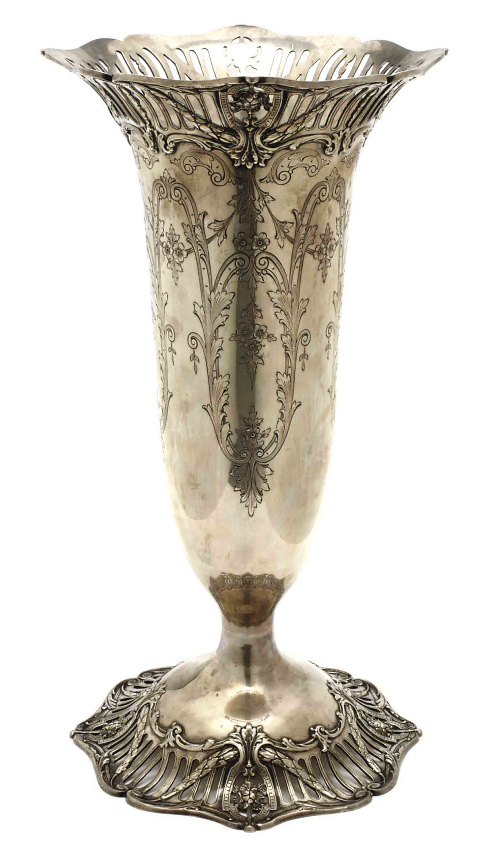 A LARGE AMERICAN SILVER VASE WITH PIERCED RIM, , RETAILER'S MARK FOR J.E. CALDWELL, PHILADELPHIA